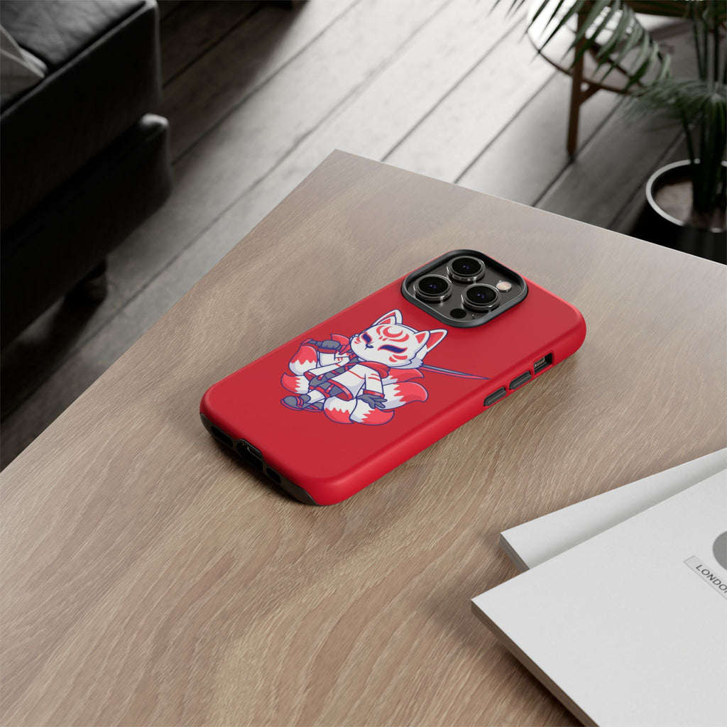 Anime-Inspired Tough Phone Case, Kawaii Fox Design, Gift for Gamers, Cute Phone Accessories, Red Phone Cover, Cosplay Merchandise
