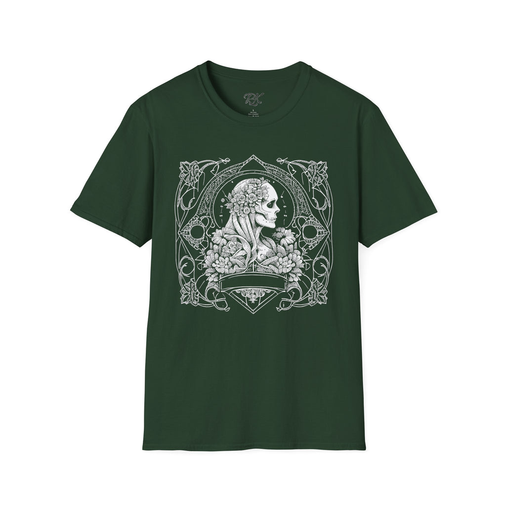 Gothic Floral Skull T-Shirt, Unisex Softstyle Tee, Halloween Apparel, Gothic Fashion, Unique Gift, Casual Wear