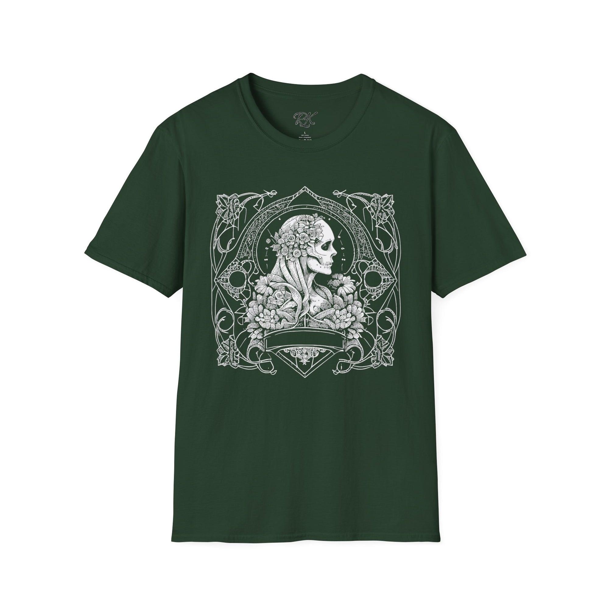 Gothic Floral Skull T-Shirt, Unisex Softstyle Tee, Halloween Apparel, Gothic Fashion, Unique Gift, Casual Wear