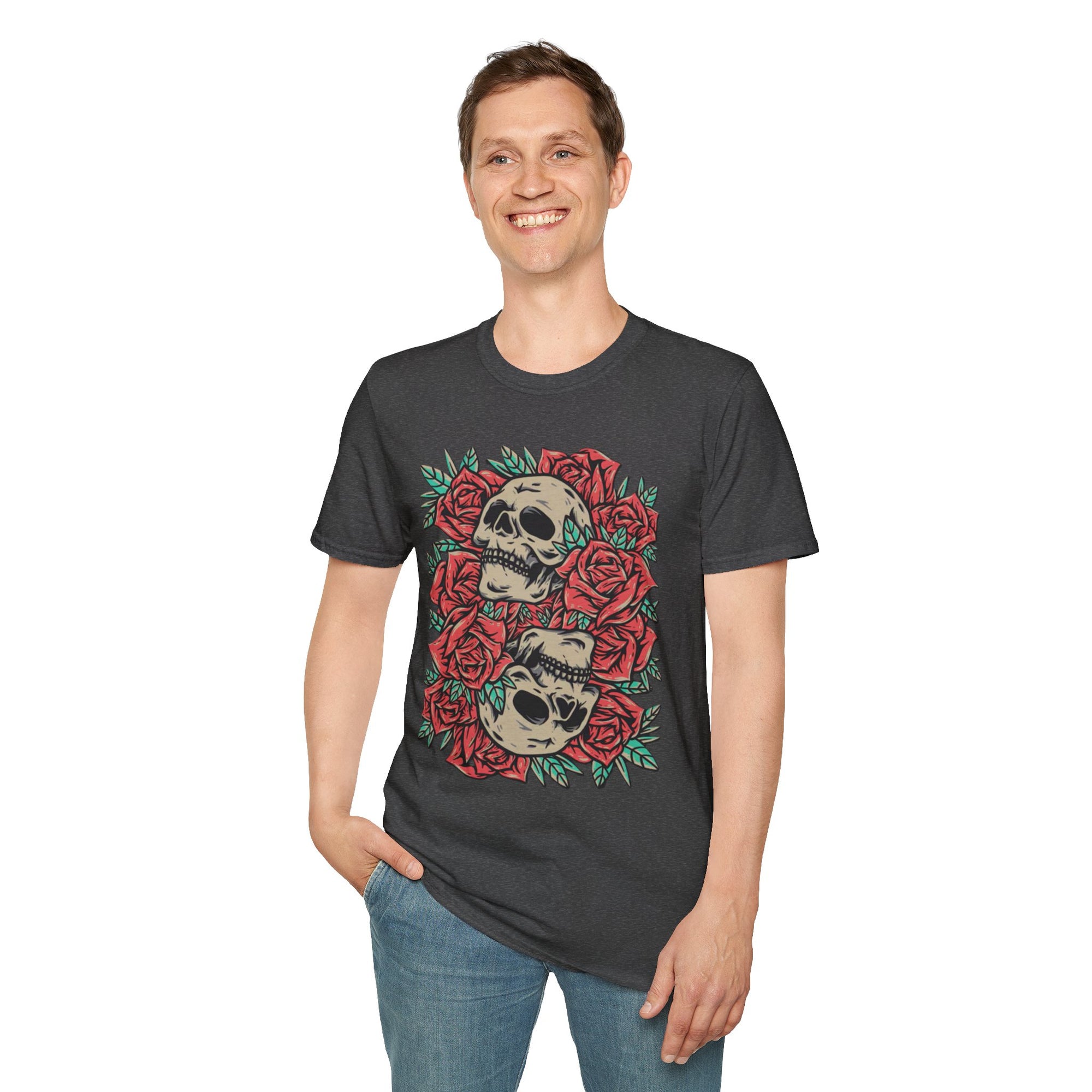 Skull & Roses Graphic T-Shirt | Edgy Casual Wear, Halloween Outfit, Gift for Friends, Festival Style, Unisex Shirt