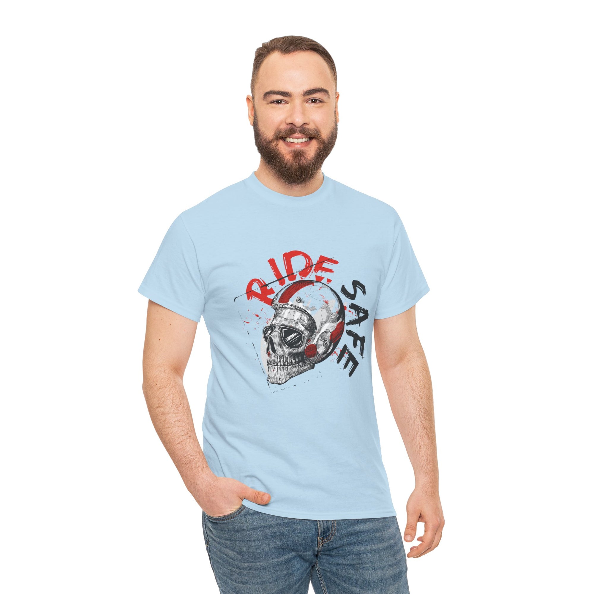 Skull Themed Ride Safe Tee, Unisex Heavy Cotton T-Shirt, Motorcycle Tee, Biker Apparel, Gift for Riders, Casual Wear