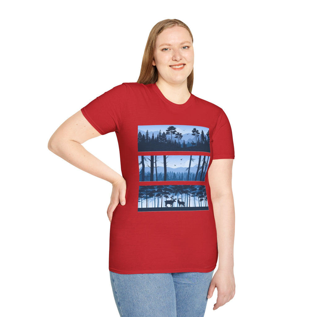 Mountain Landscape Unisex Softstyle T-Shirt | Nature Lover Gift, Outdoor Adventure Tee, Relaxed Fit, Casual Wear, Camping Shirt