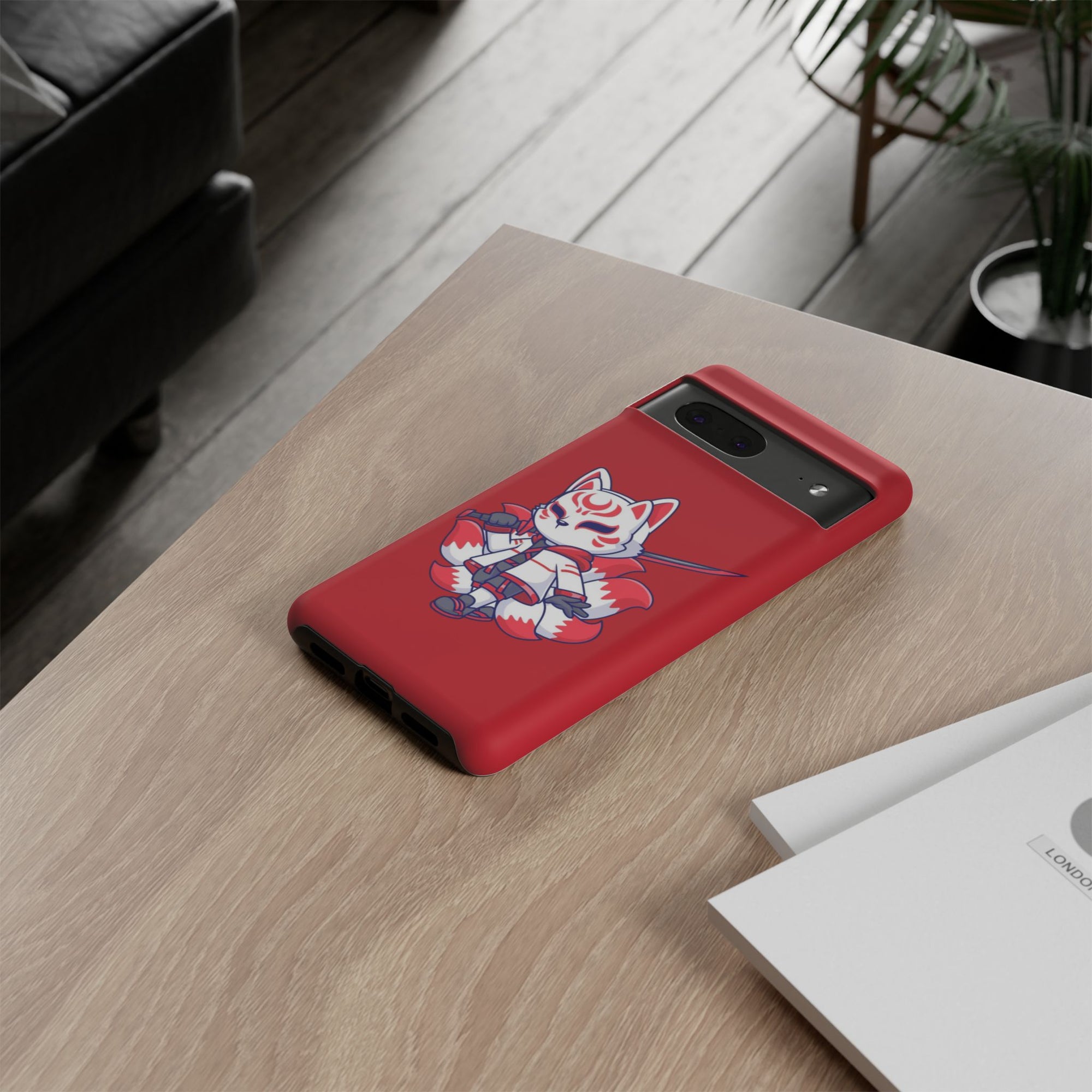 Anime-Inspired Tough Phone Case, Kawaii Fox Design, Gift for Gamers, Cute Phone Accessories, Red Phone Cover, Cosplay Merchandise