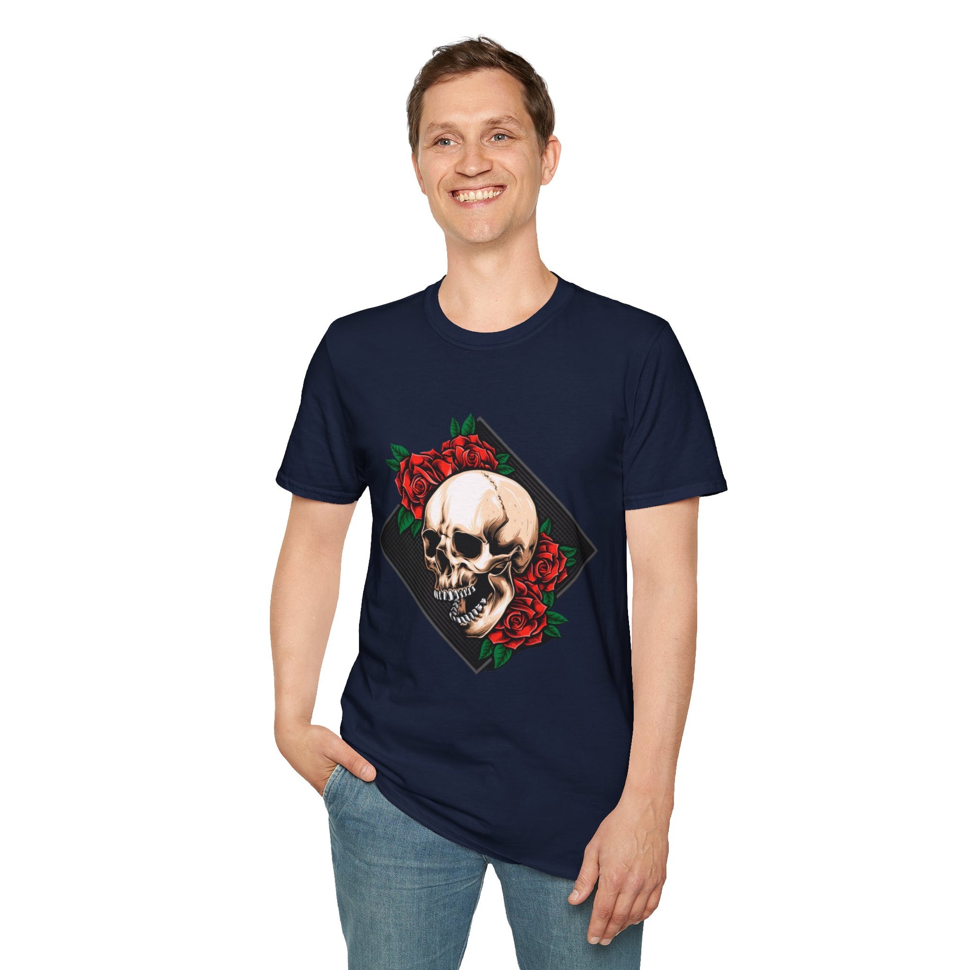Skull and Roses T-Shirt | Edgy Unisex Softstyle Tee for Music Lovers, Halloween, Casual Wear, Gift Idea, Streetwear