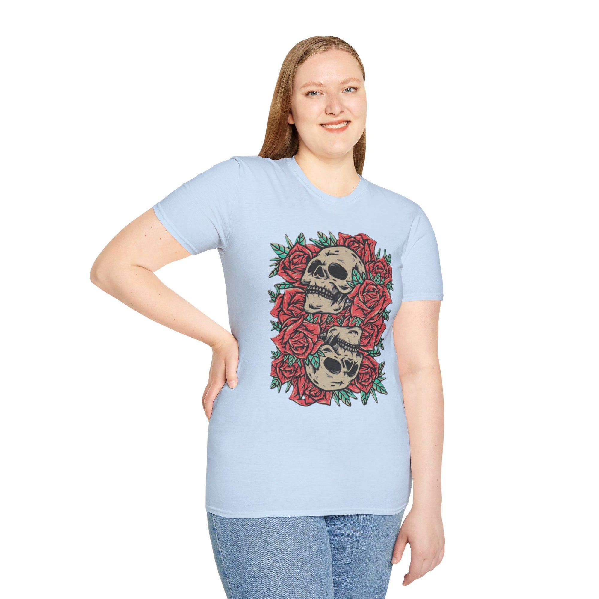 Skull & Roses Graphic T-Shirt | Edgy Casual Wear, Halloween Outfit, Gift for Friends, Festival Style, Unisex Shirt