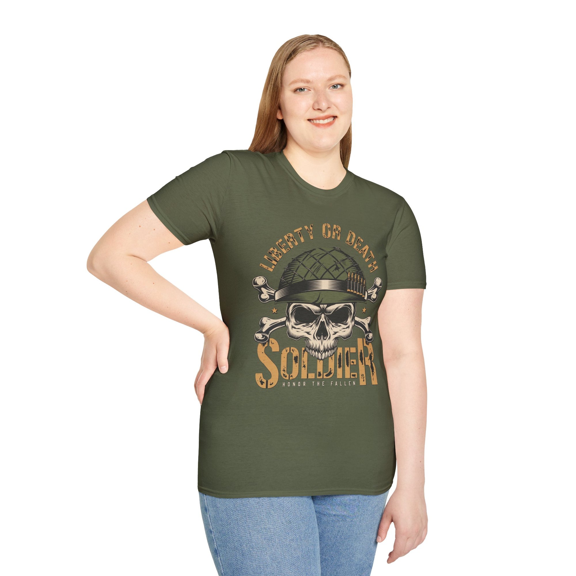 Liberty or Death Skull Soldier T-Shirt, Military Apparel, Unisex Graphic Tee, Veteran Gift, Casual Wear, Outdoor Adventure