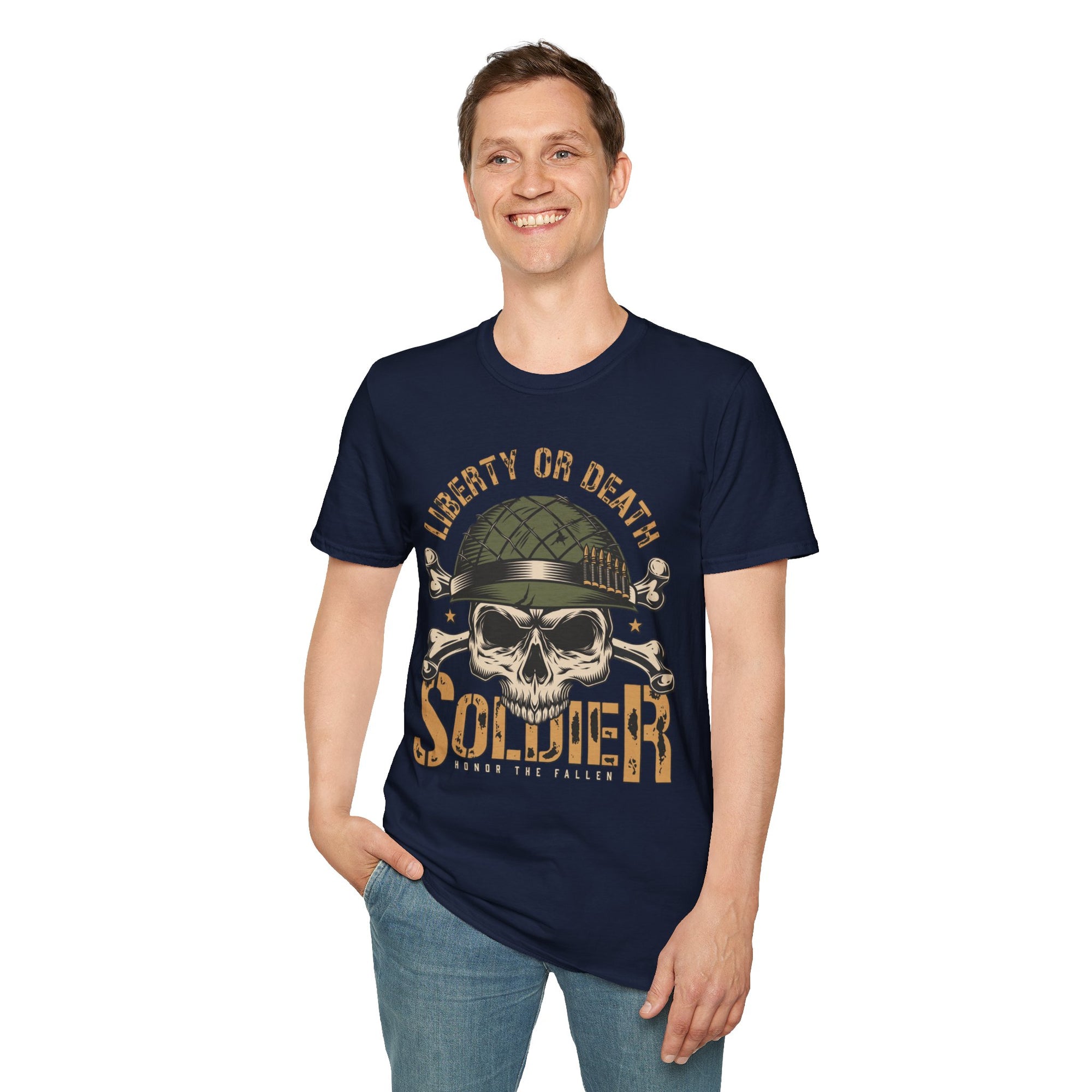 Liberty or Death Skull Soldier T-Shirt, Military Apparel, Unisex Graphic Tee, Veteran Gift, Casual Wear, Outdoor Adventure