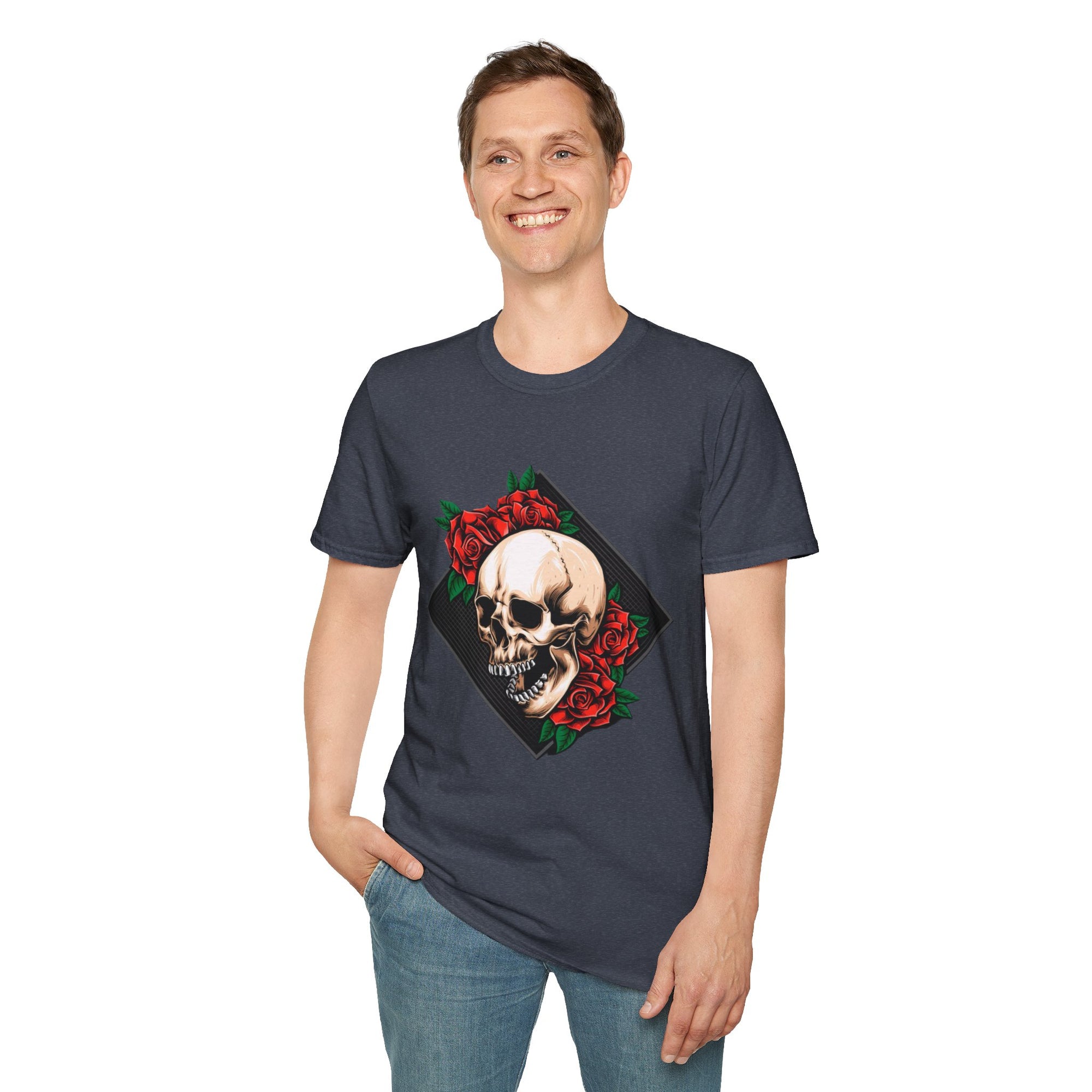 Skull and Roses T-Shirt | Edgy Unisex Softstyle Tee for Music Lovers, Halloween, Casual Wear, Gift Idea, Streetwear