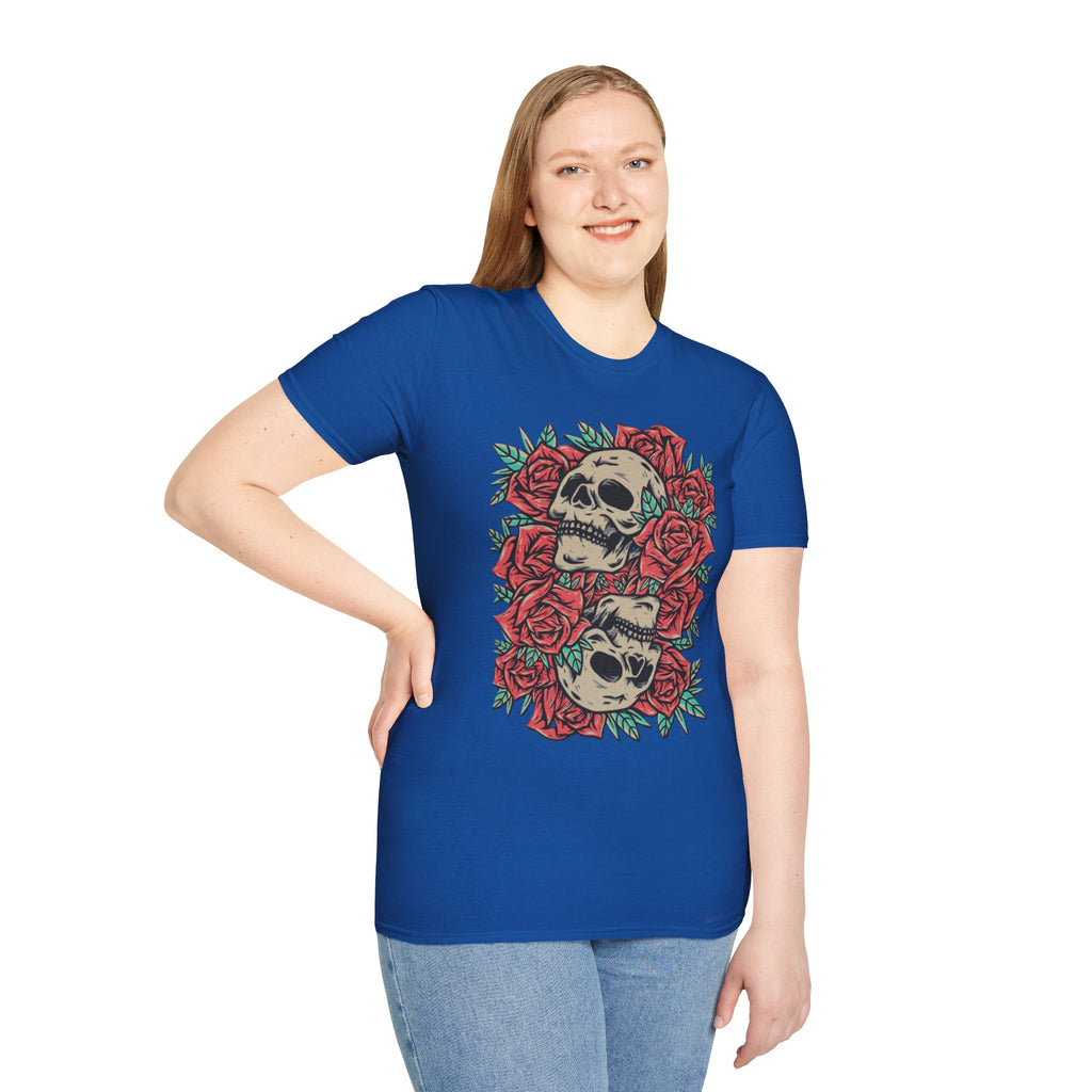 Skull & Roses Graphic T-Shirt | Edgy Casual Wear, Halloween Outfit, Gift for Friends, Festival Style, Unisex Shirt