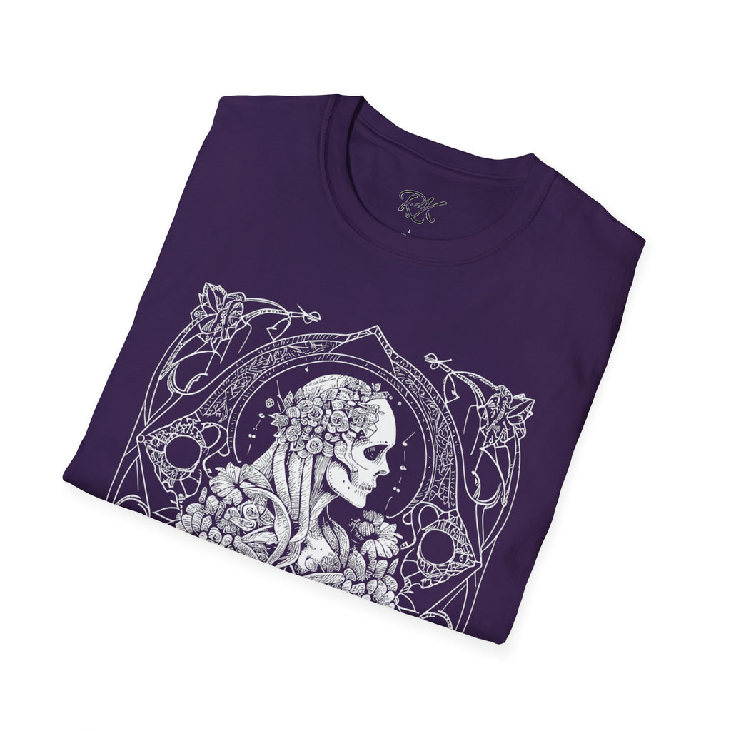 Gothic Floral Skull T-Shirt, Unisex Softstyle Tee, Halloween Apparel, Gothic Fashion, Unique Gift, Casual Wear