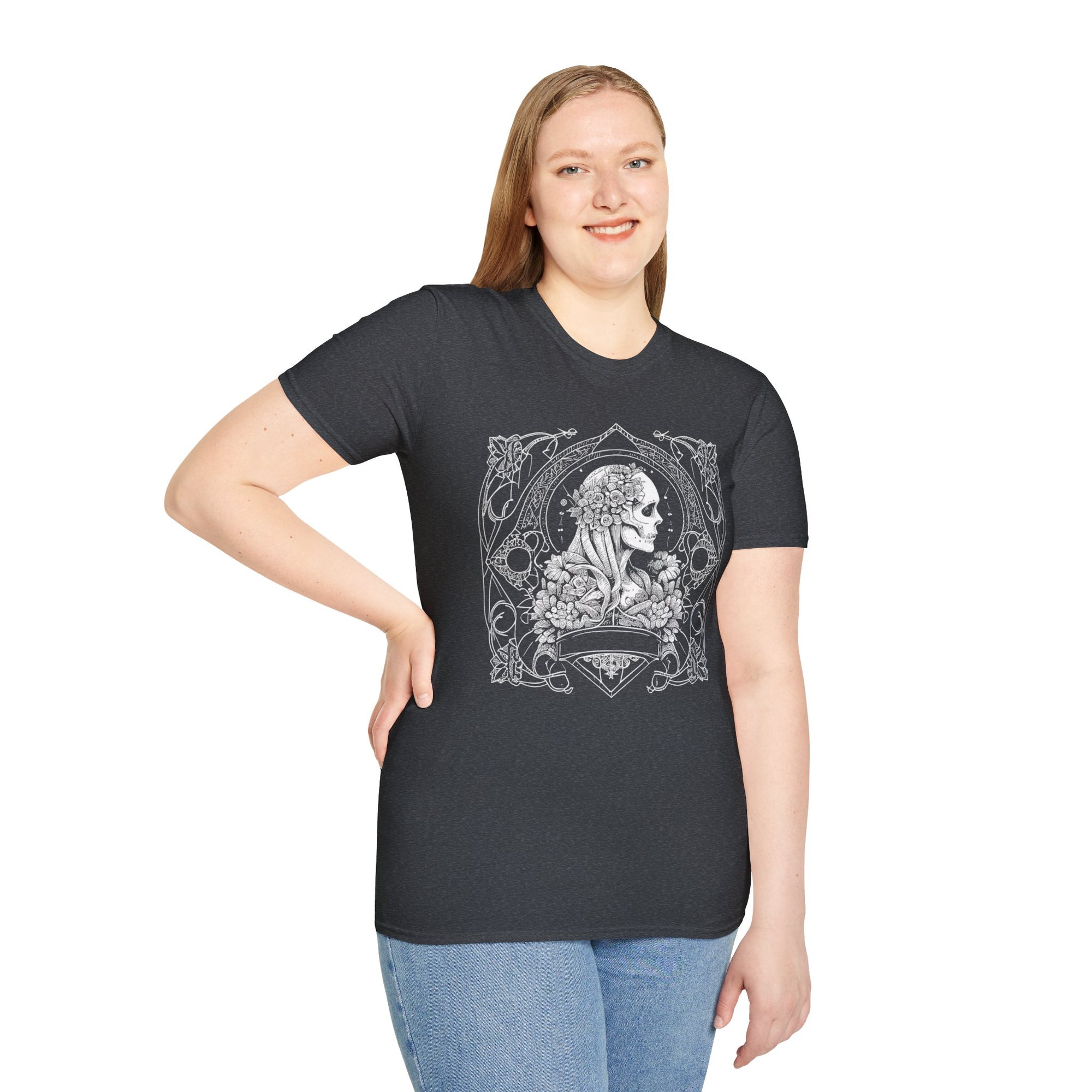 Gothic Floral Skull T-Shirt, Unisex Softstyle Tee, Halloween Apparel, Gothic Fashion, Unique Gift, Casual Wear