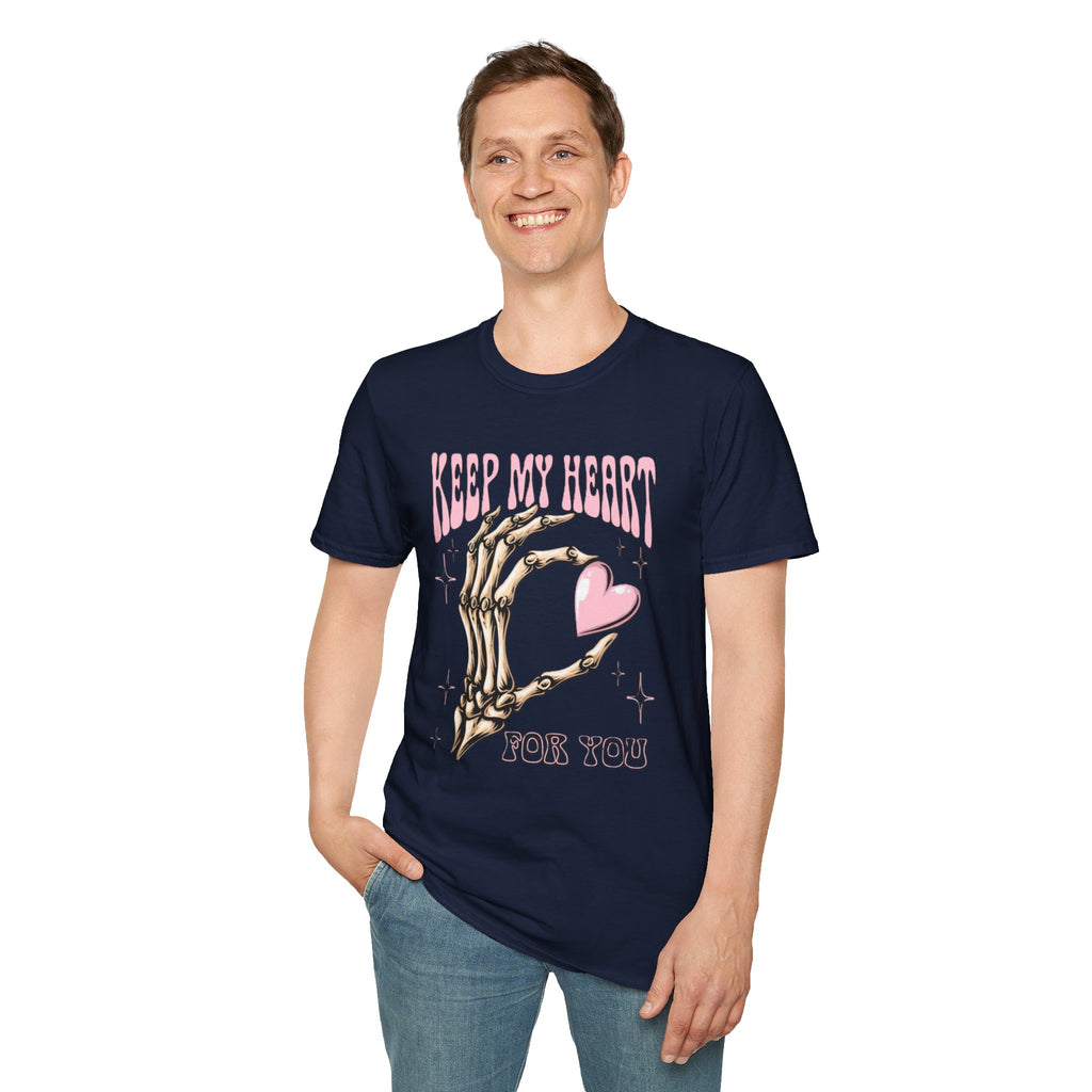 Keep My Heart Unisex Softstyle T-Shirt, Cute Graphic Tee, Valentine's Day Gift, Casual Style, Skeleton Design, Soft Cotton