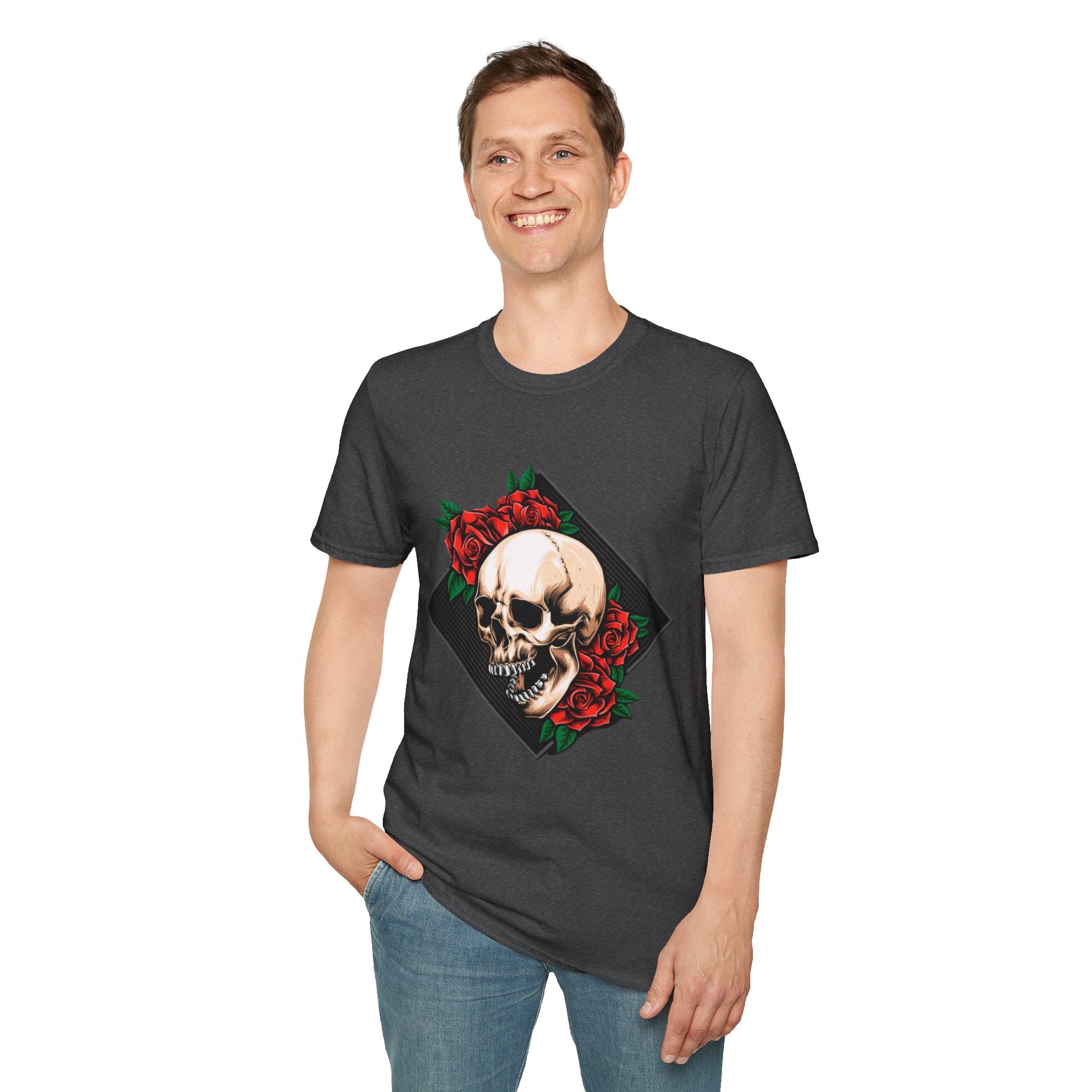 Skull and Roses T-Shirt | Edgy Unisex Softstyle Tee for Music Lovers, Halloween, Casual Wear, Gift Idea, Streetwear