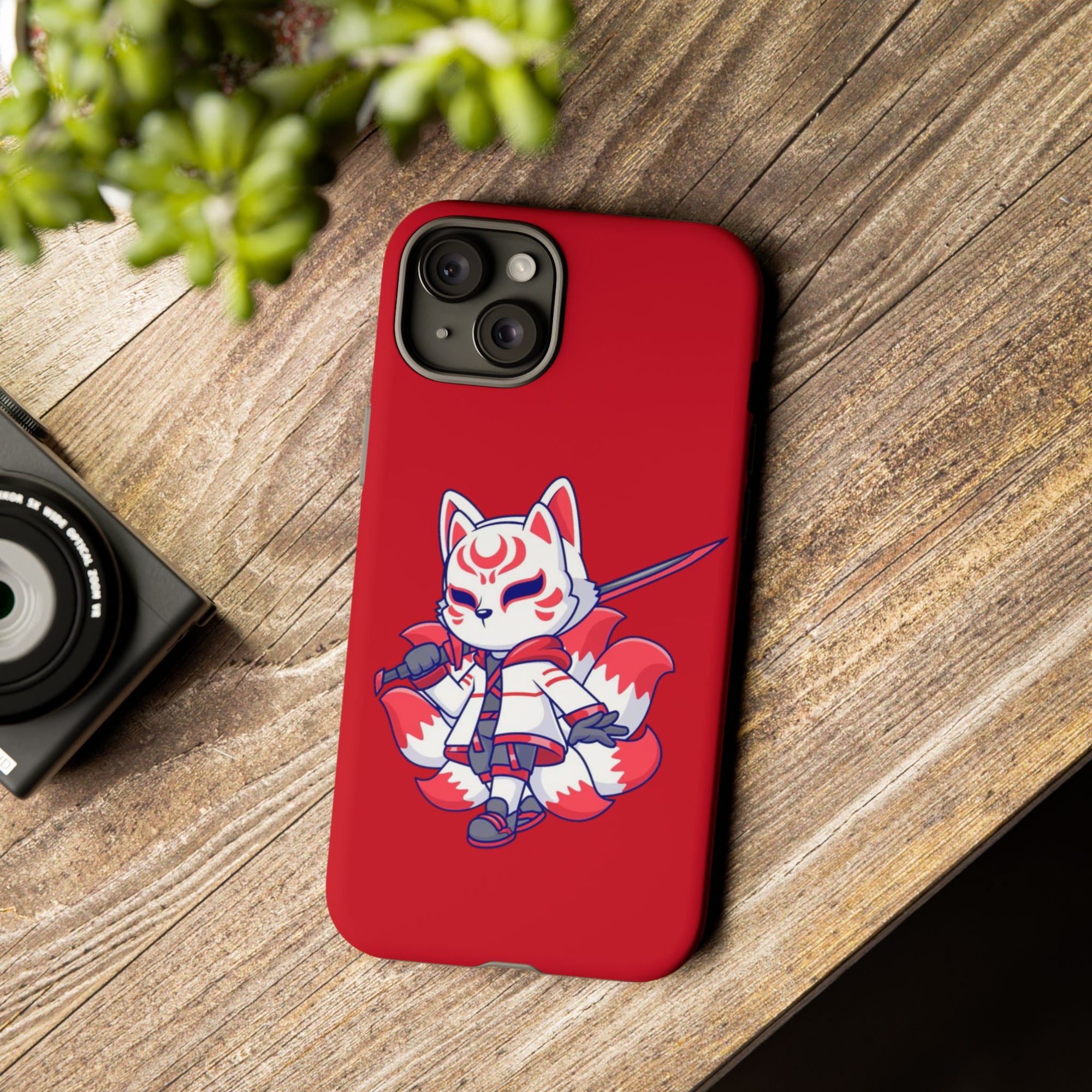 Anime-Inspired Tough Phone Case, Kawaii Fox Design, Gift for Gamers, Cute Phone Accessories, Red Phone Cover, Cosplay Merchandise