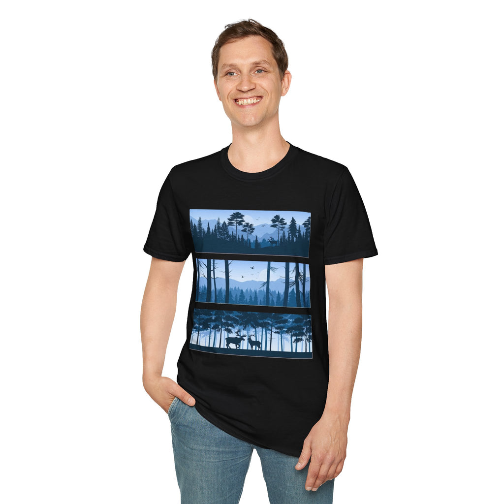 Mountain Landscape Unisex Softstyle T-Shirt | Nature Lover Gift, Outdoor Adventure Tee, Relaxed Fit, Casual Wear, Camping Shirt