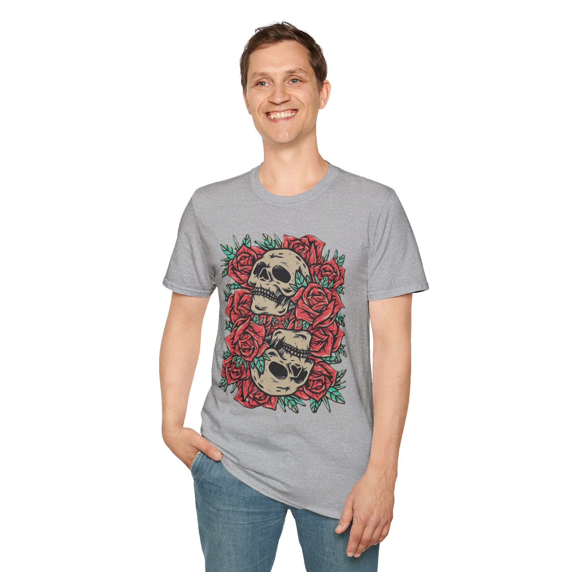 Skull & Roses Graphic T-Shirt | Edgy Casual Wear, Halloween Outfit, Gift for Friends, Festival Style, Unisex Shirt