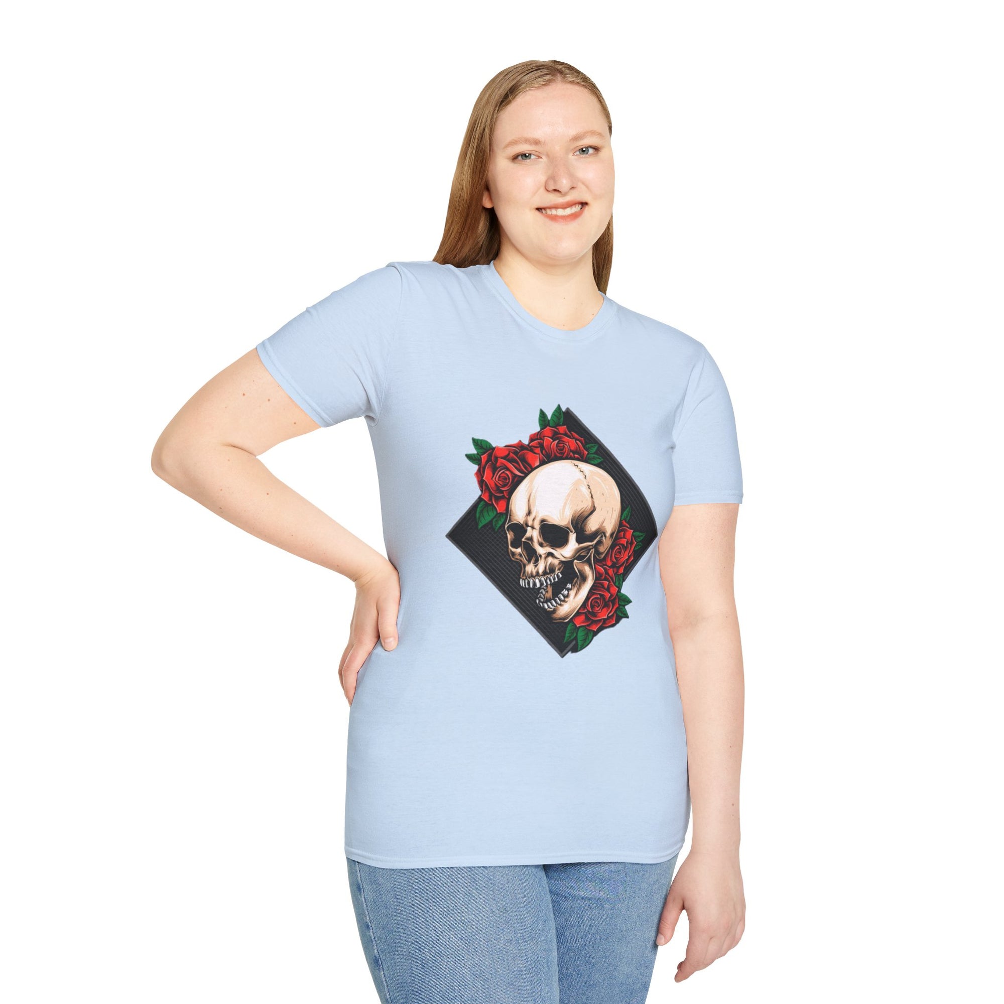 Skull and Roses T-Shirt | Edgy Unisex Softstyle Tee for Music Lovers, Halloween, Casual Wear, Gift Idea, Streetwear