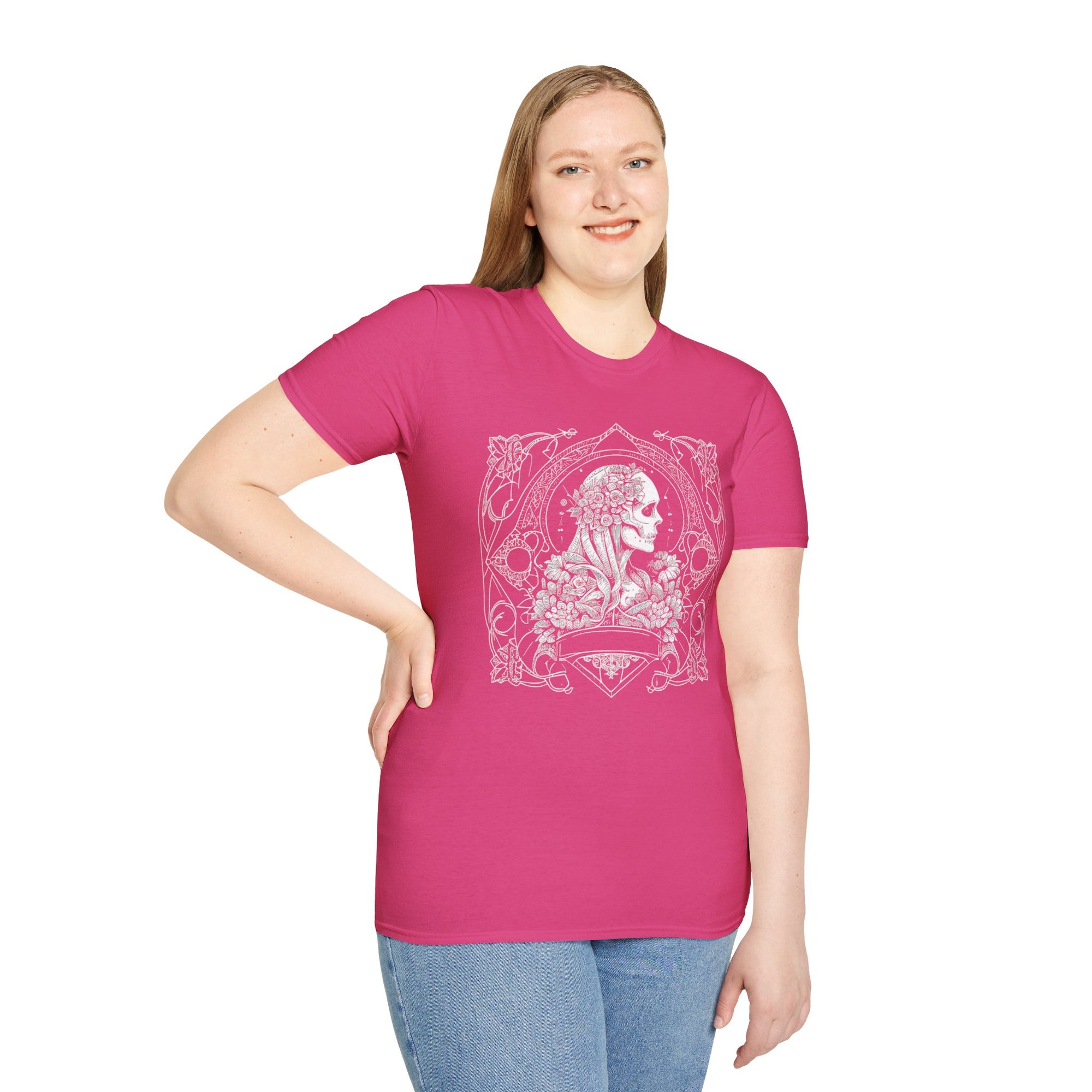 Gothic Floral Skull T-Shirt, Unisex Softstyle Tee, Halloween Apparel, Gothic Fashion, Unique Gift, Casual Wear