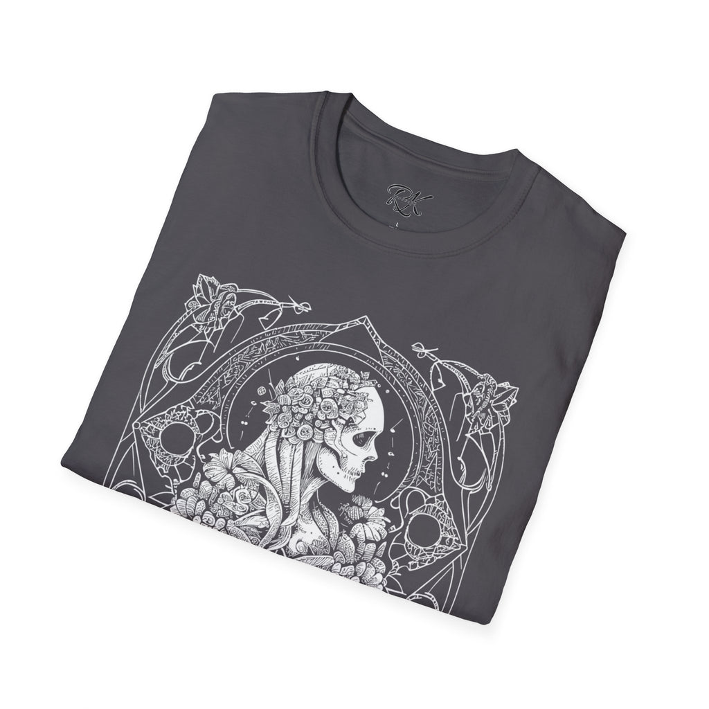 Gothic Floral Skull T-Shirt, Unisex Softstyle Tee, Halloween Apparel, Gothic Fashion, Unique Gift, Casual Wear