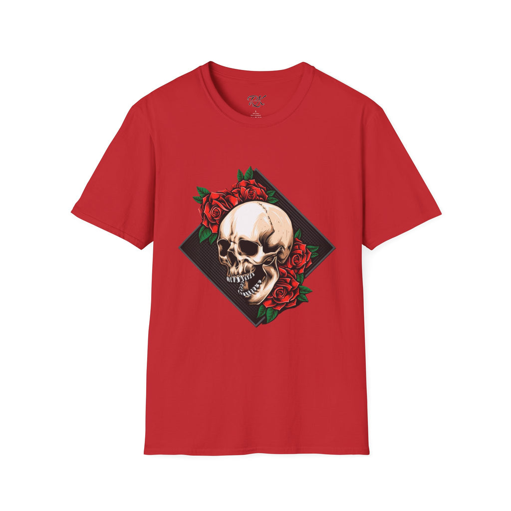 Skull and Roses T-Shirt | Edgy Unisex Softstyle Tee for Music Lovers, Halloween, Casual Wear, Gift Idea, Streetwear