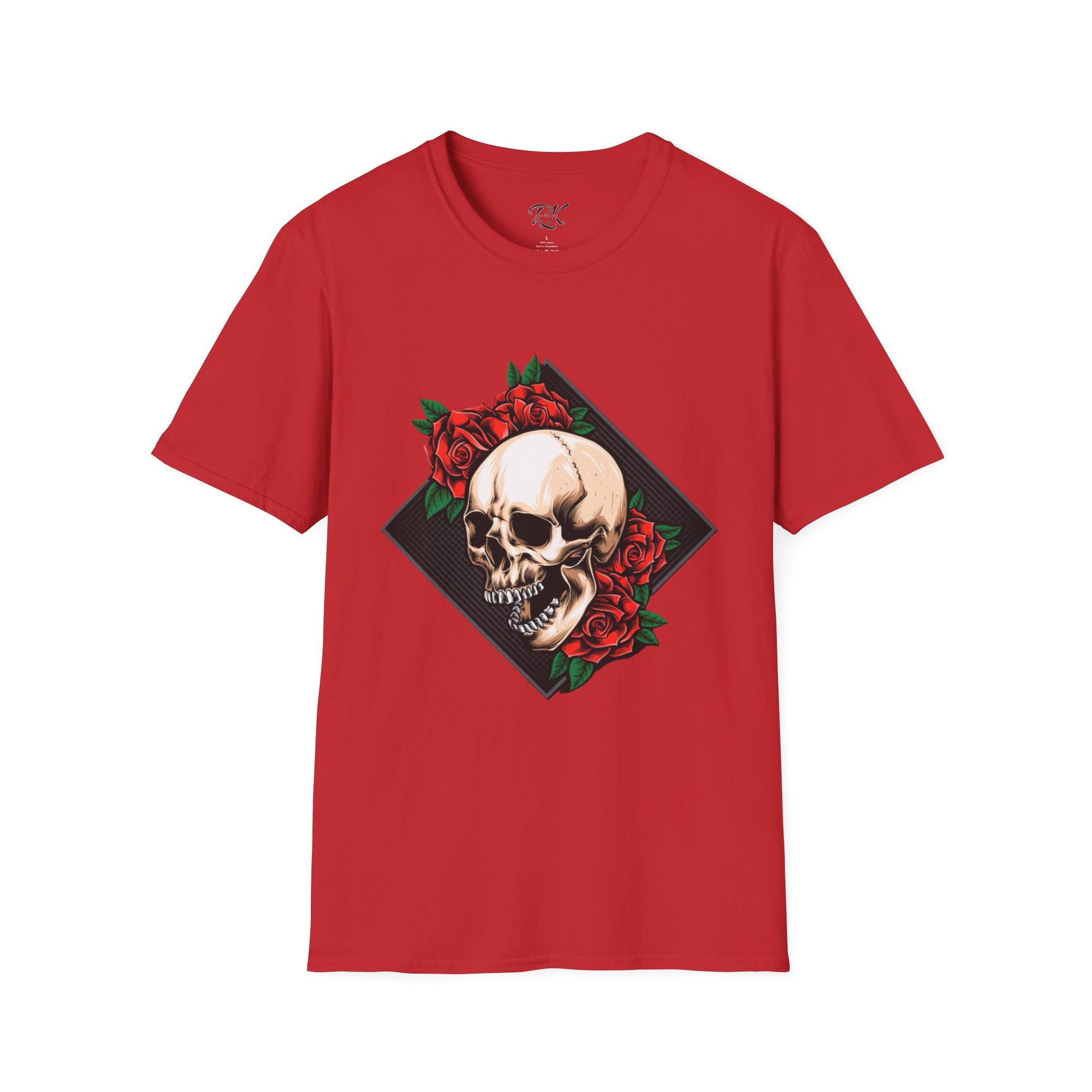 Skull and Roses T-Shirt | Edgy Unisex Softstyle Tee for Music Lovers, Halloween, Casual Wear, Gift Idea, Streetwear