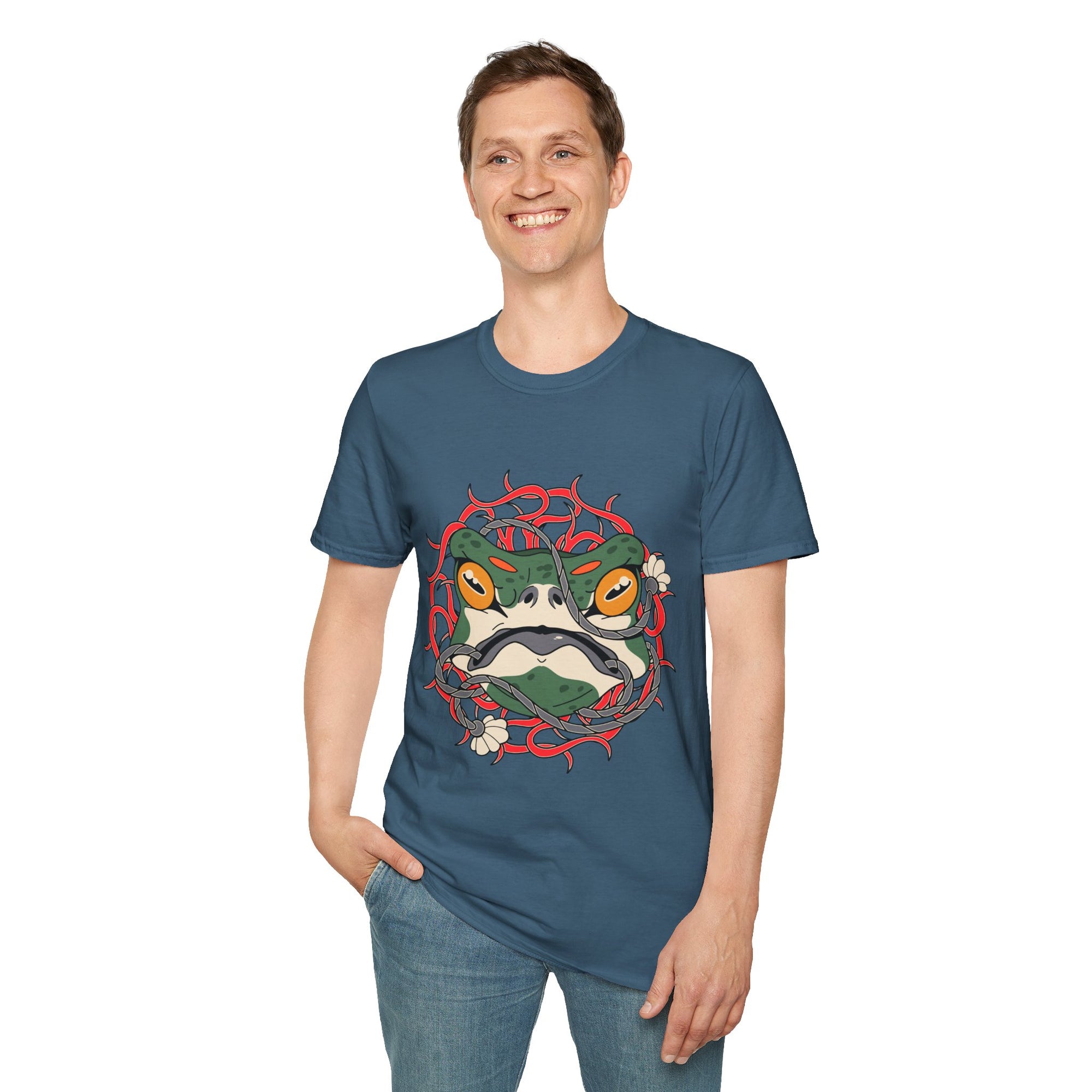 Frog Art Unisex Softstyle T-Shirt | Unique Graphic Tee, Casual Wear, Gift for Nature Lovers, Birthday, Eco-Friendly Fashion