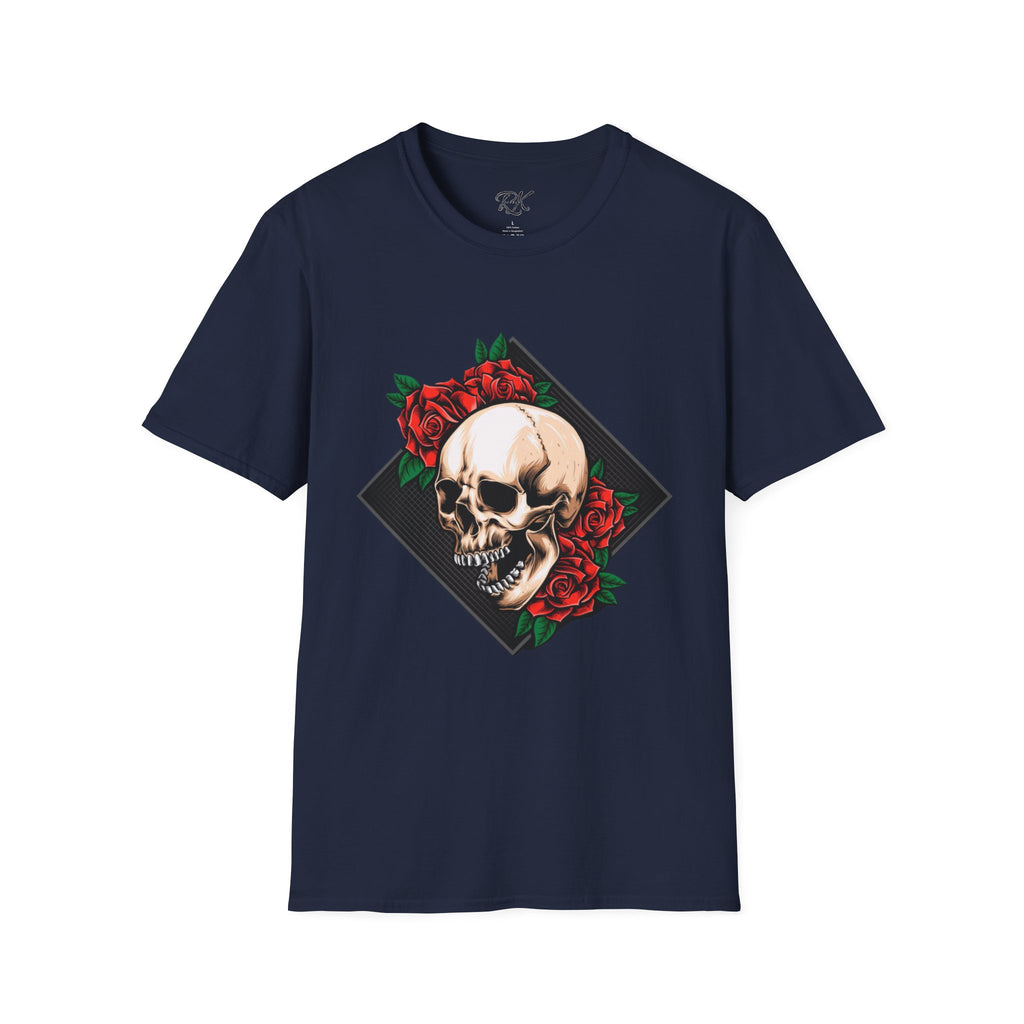 Skull and Roses T-Shirt | Edgy Unisex Softstyle Tee for Music Lovers, Halloween, Casual Wear, Gift Idea, Streetwear