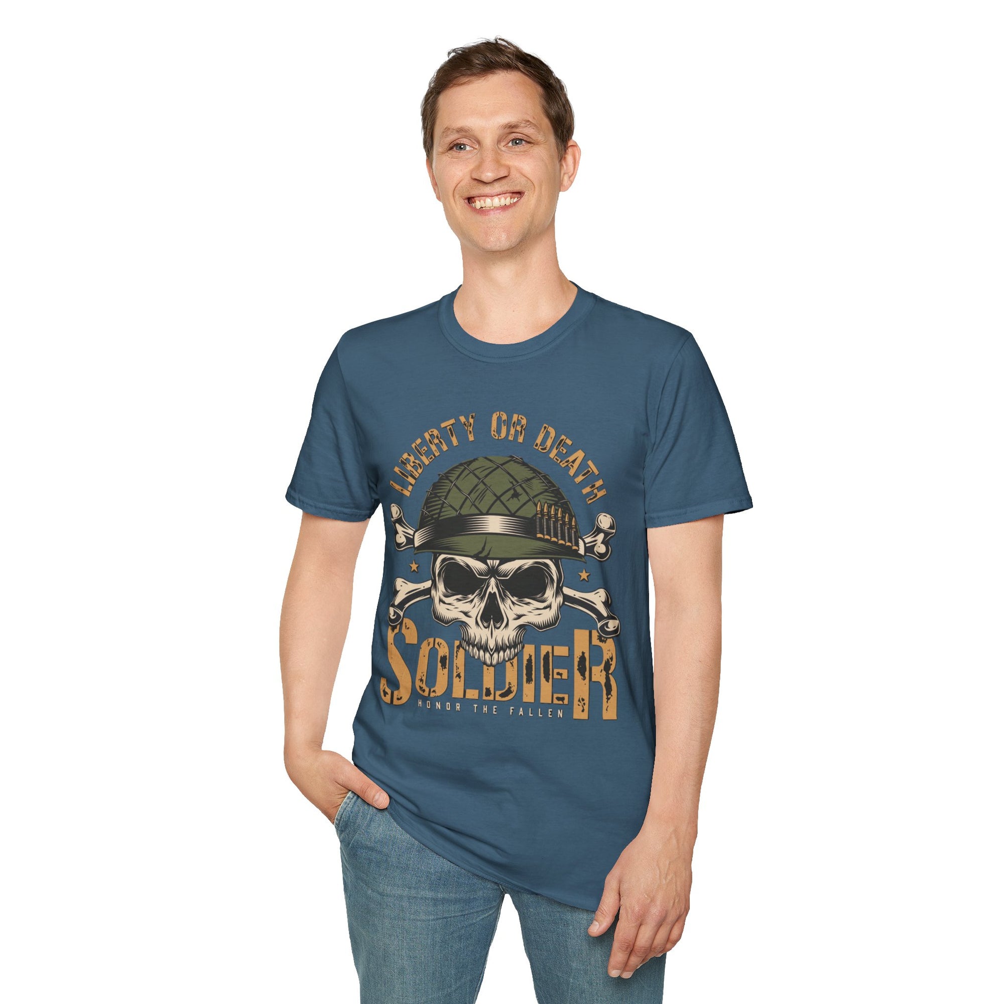 Liberty or Death Skull Soldier T-Shirt, Military Apparel, Unisex Graphic Tee, Veteran Gift, Casual Wear, Outdoor Adventure