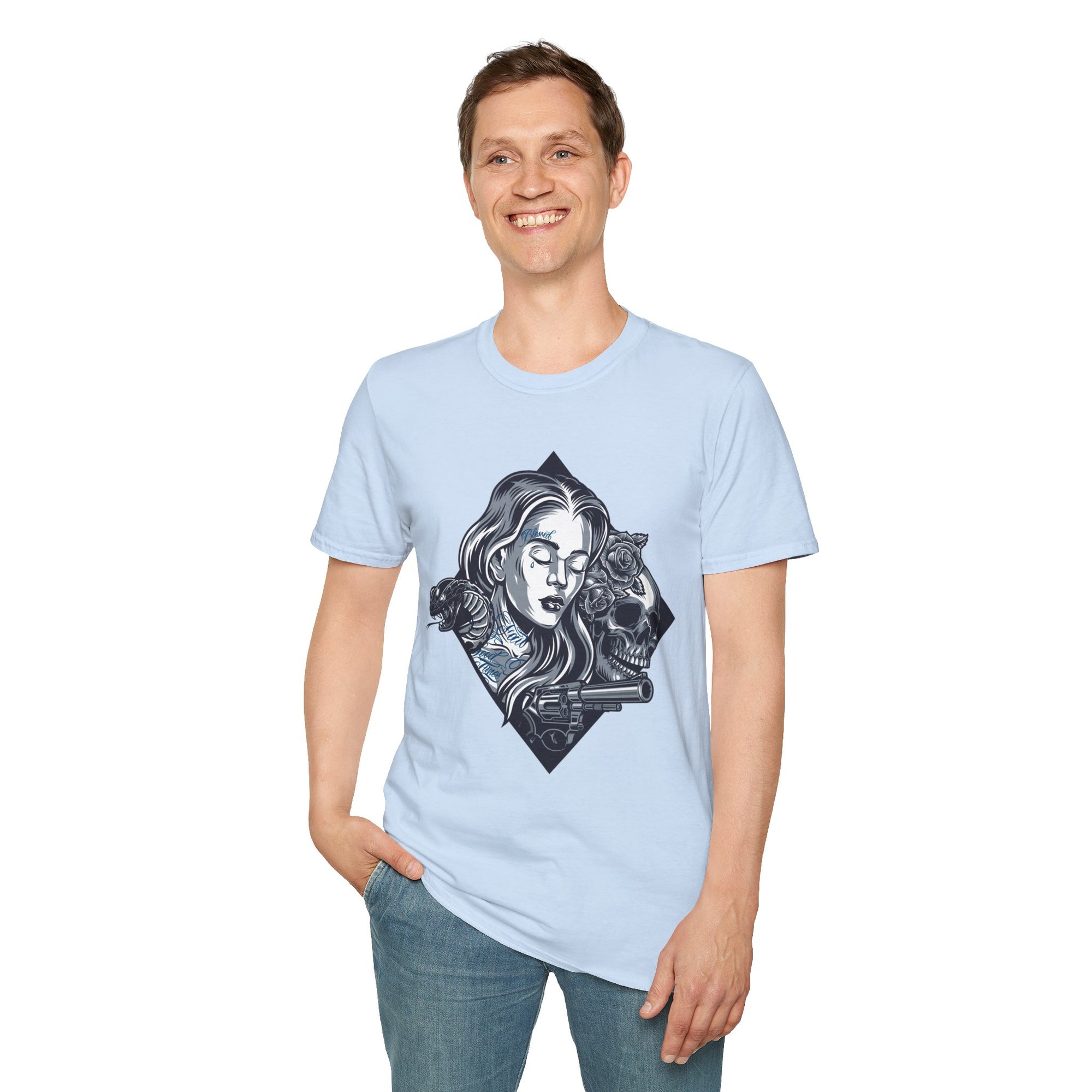 Edgy Graphic Tee, Unisex T-Shirt with Skull and Rose Design, Stylish Casual Wear, Perfect for Gift Giving, Comfortable Everyday Attire