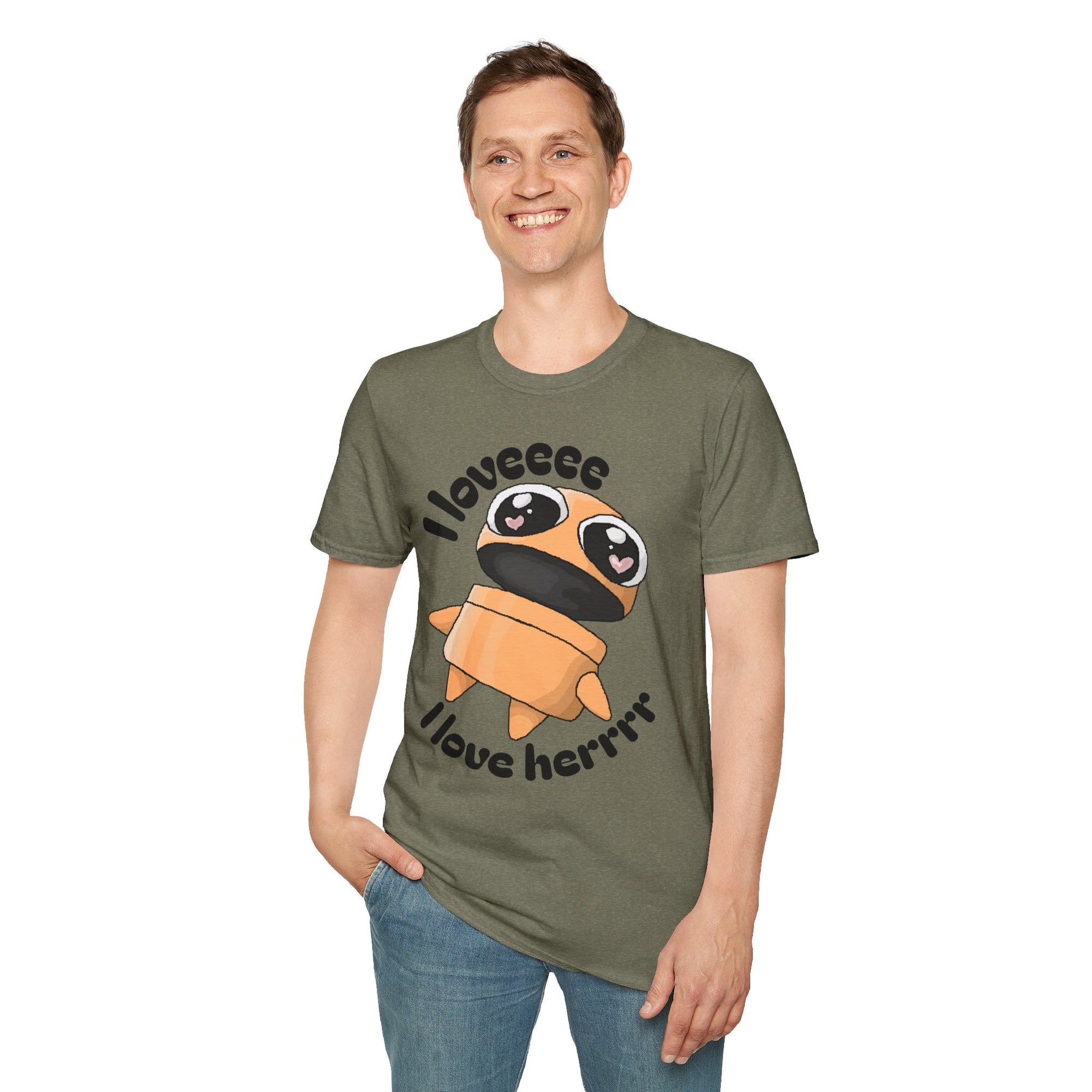 I love Herrrrr Cute Cartoon Love T-Shirt, Unisex Softstyle Tee, Perfect for Gifts, Casual Wear, Valentine's Day, Cute Character Apparel