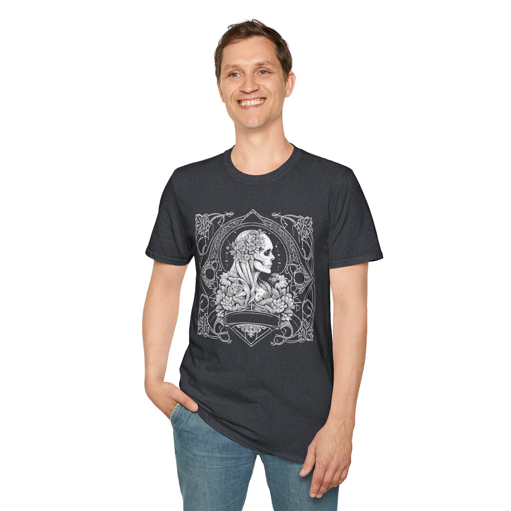 Gothic Floral Skull T-Shirt, Unisex Softstyle Tee, Halloween Apparel, Gothic Fashion, Unique Gift, Casual Wear