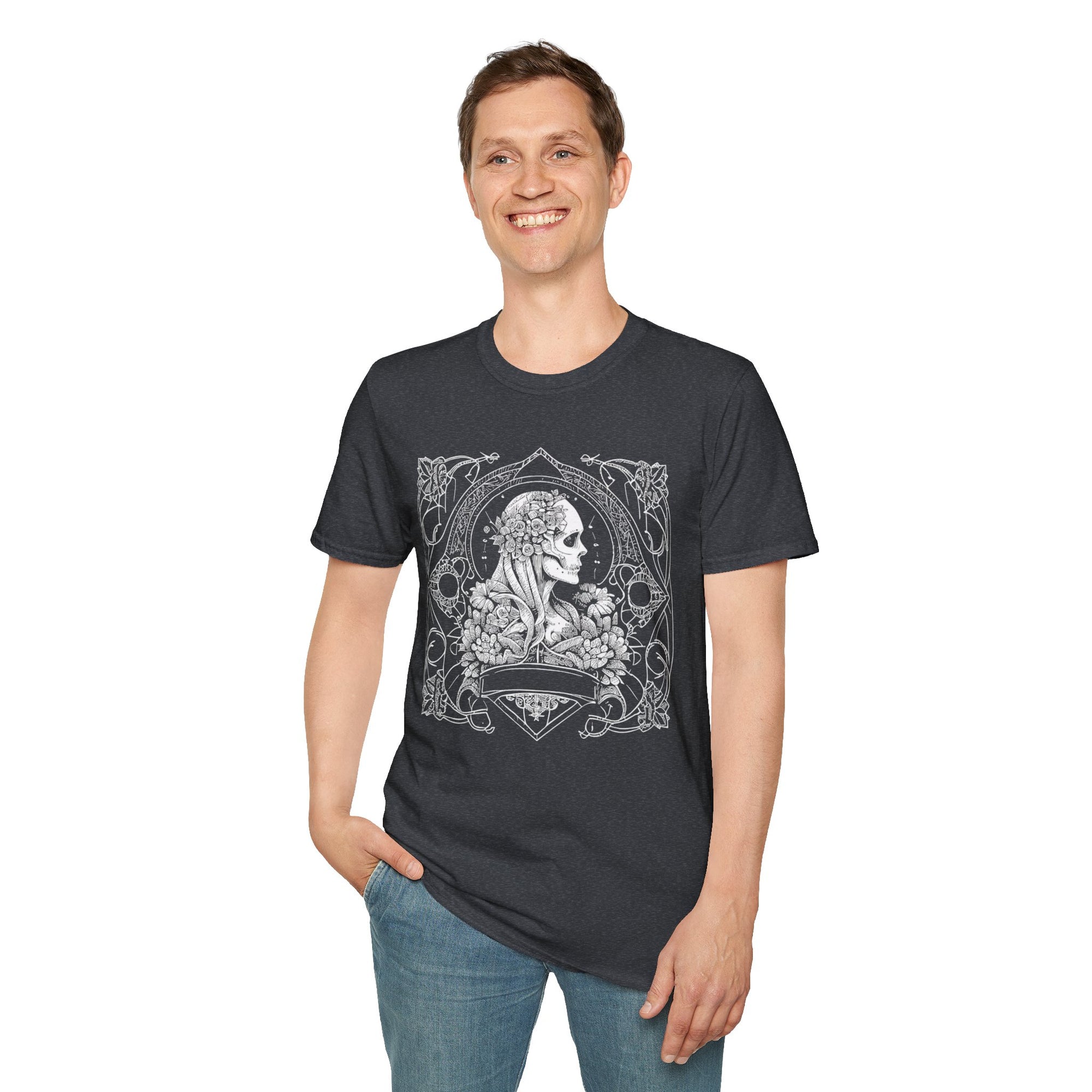 Gothic Floral Skull T-Shirt, Unisex Softstyle Tee, Halloween Apparel, Gothic Fashion, Unique Gift, Casual Wear