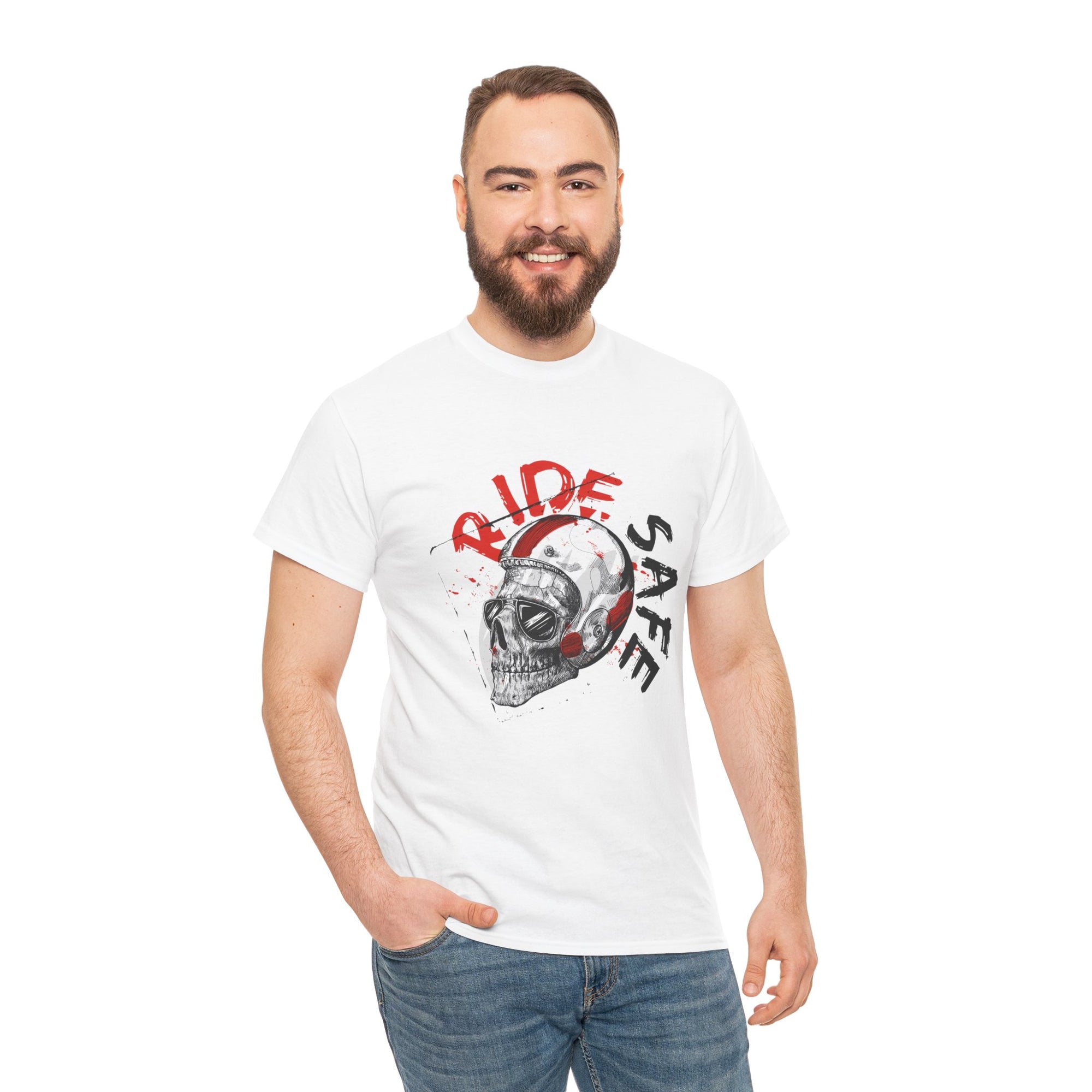 Skull Themed Ride Safe Tee, Unisex Heavy Cotton T-Shirt, Motorcycle Tee, Biker Apparel, Gift for Riders, Casual Wear