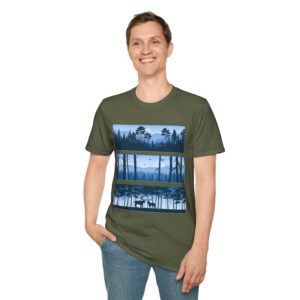 Mountain Landscape Unisex Softstyle T-Shirt | Nature Lover Gift, Outdoor Adventure Tee, Relaxed Fit, Casual Wear, Camping Shirt