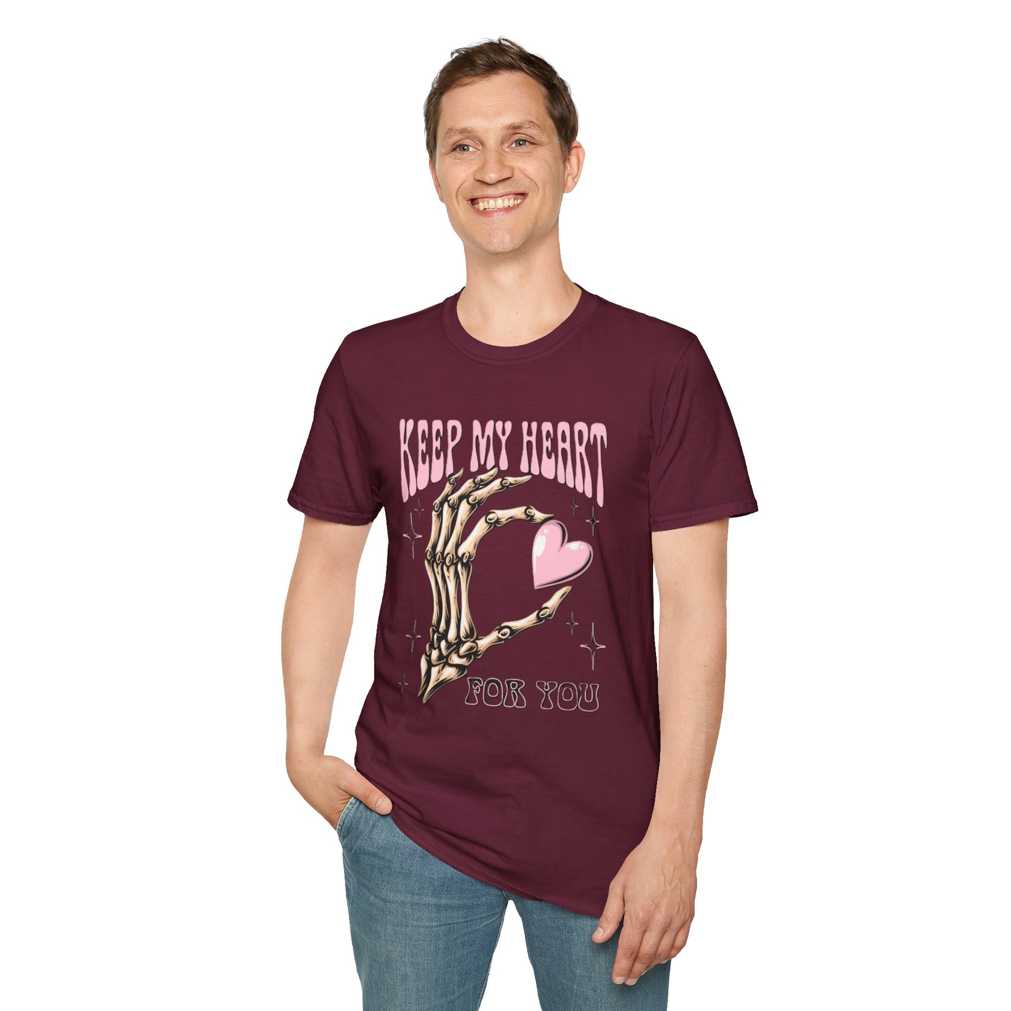 Keep My Heart Unisex Softstyle T-Shirt, Cute Graphic Tee, Valentine's Day Gift, Casual Style, Skeleton Design, Soft Cotton