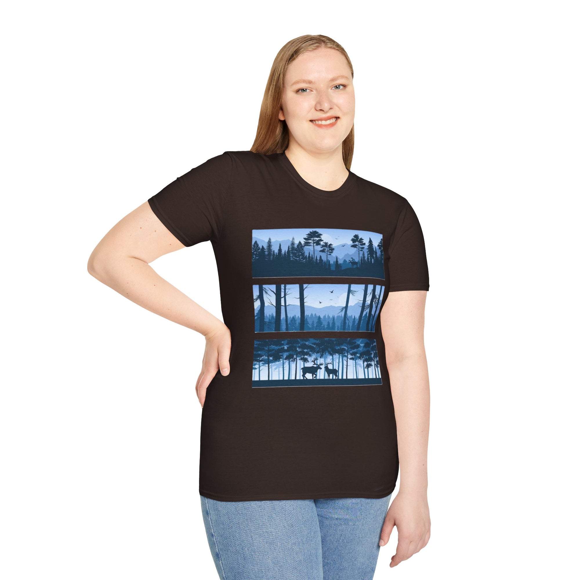 Mountain Landscape Unisex Softstyle T-Shirt | Nature Lover Gift, Outdoor Adventure Tee, Relaxed Fit, Casual Wear, Camping Shirt