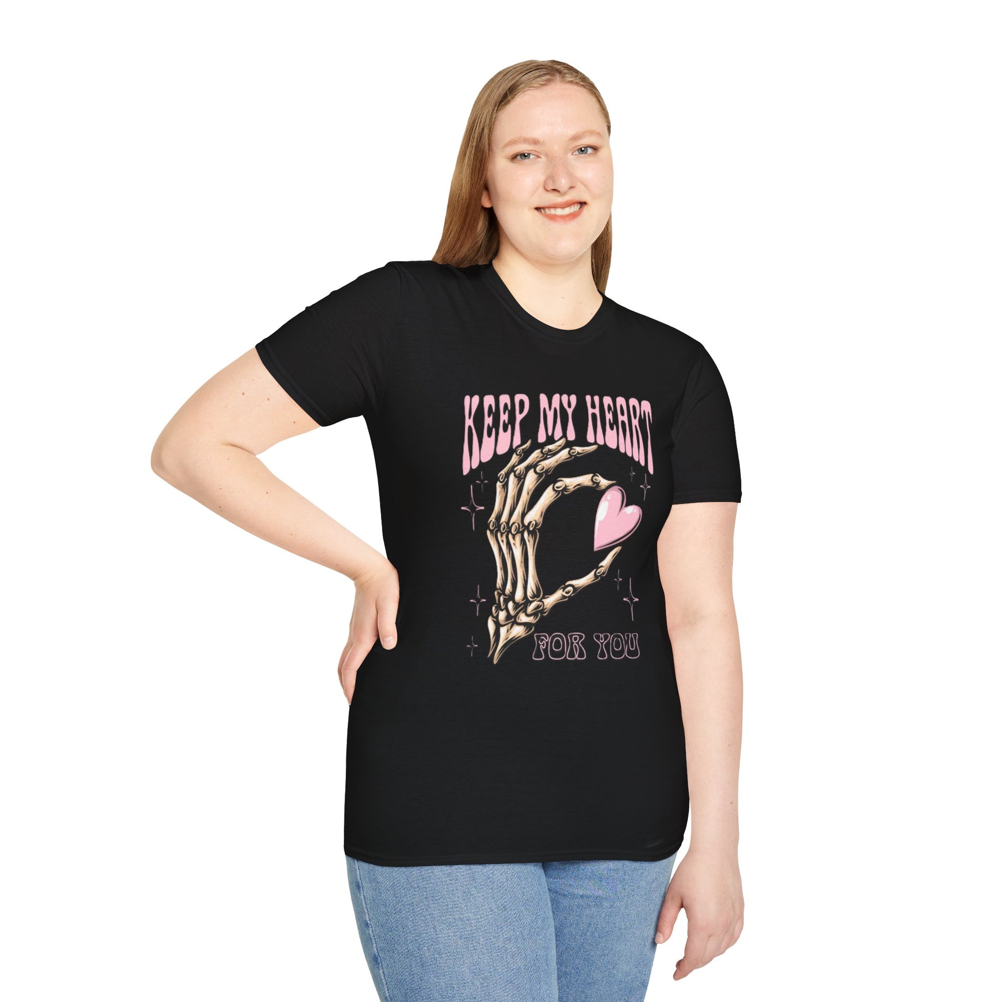 Keep My Heart Unisex Softstyle T-Shirt, Cute Graphic Tee, Valentine's Day Gift, Casual Style, Skeleton Design, Soft Cotton