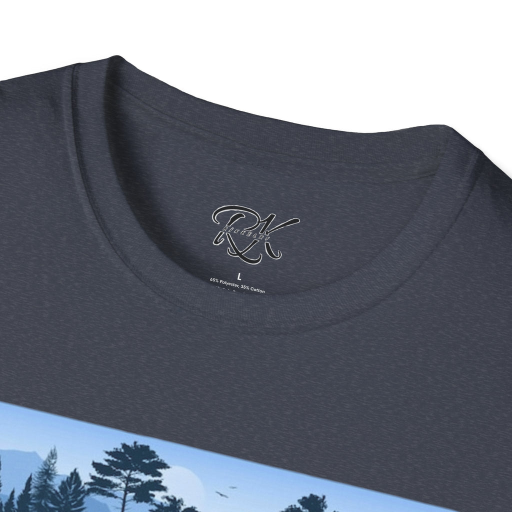 Mountain Landscape Unisex Softstyle T-Shirt | Nature Lover Gift, Outdoor Adventure Tee, Relaxed Fit, Casual Wear, Camping Shirt