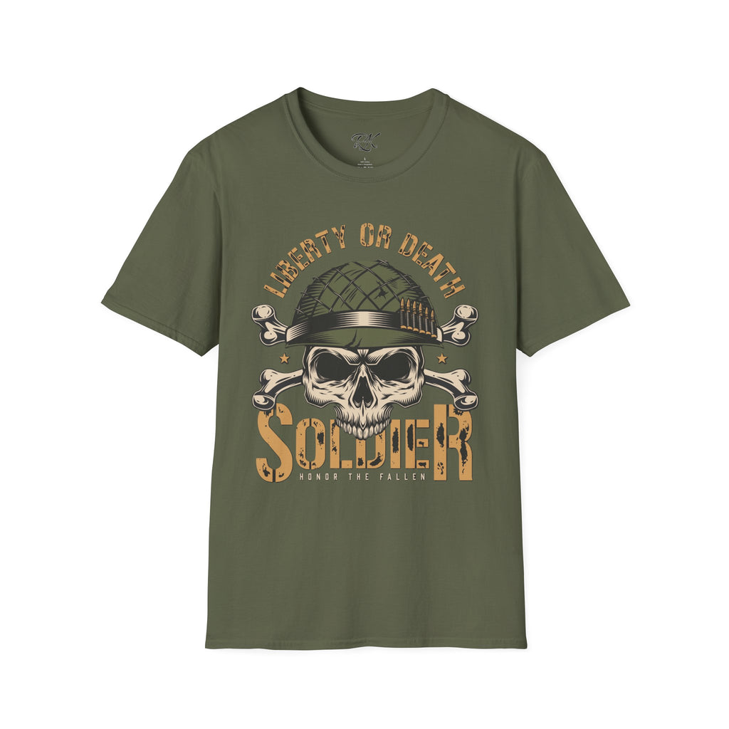 Liberty or Death Skull Soldier T-Shirt, Military Apparel, Unisex Graphic Tee, Veteran Gift, Casual Wear, Outdoor Adventure