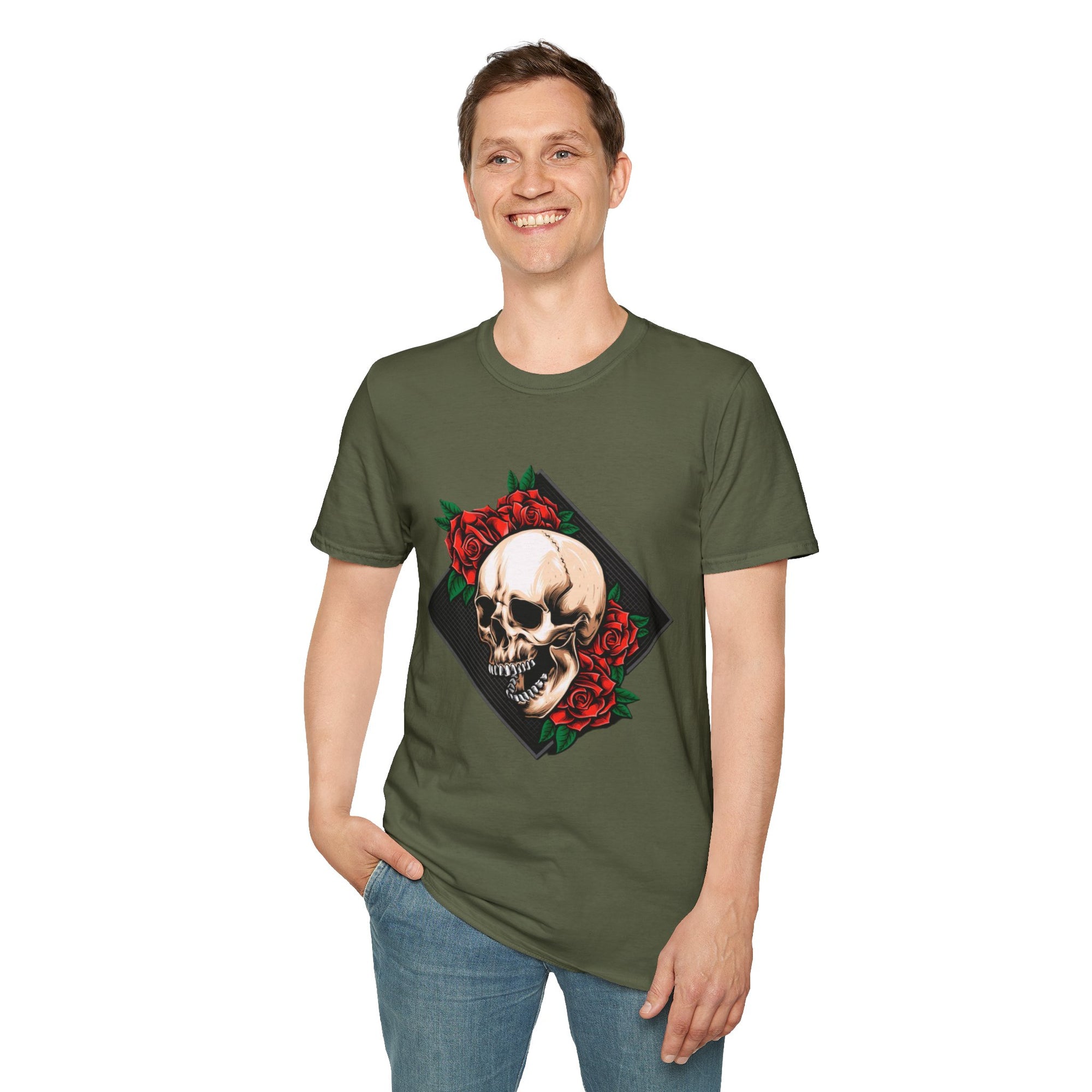 Skull and Roses T-Shirt | Edgy Unisex Softstyle Tee for Music Lovers, Halloween, Casual Wear, Gift Idea, Streetwear