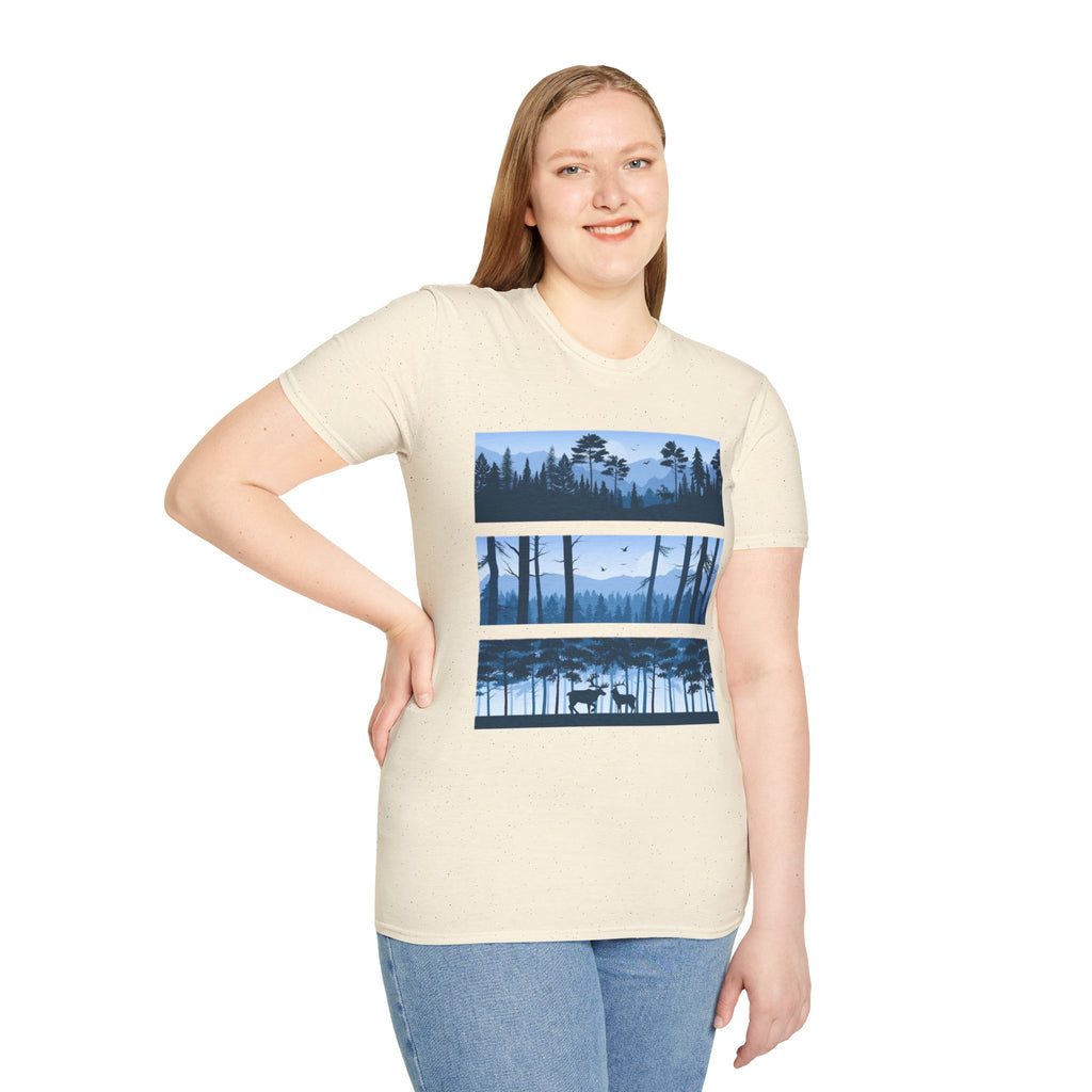 Mountain Landscape Unisex Softstyle T-Shirt | Nature Lover Gift, Outdoor Adventure Tee, Relaxed Fit, Casual Wear, Camping Shirt