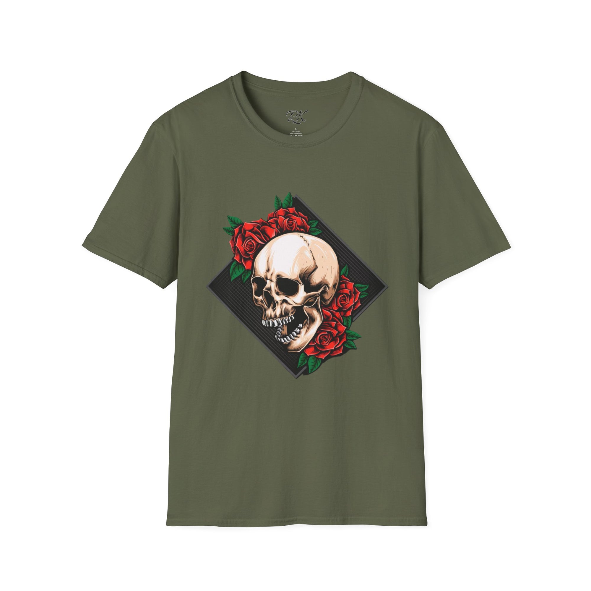 Skull and Roses T-Shirt | Edgy Unisex Softstyle Tee for Music Lovers, Halloween, Casual Wear, Gift Idea, Streetwear
