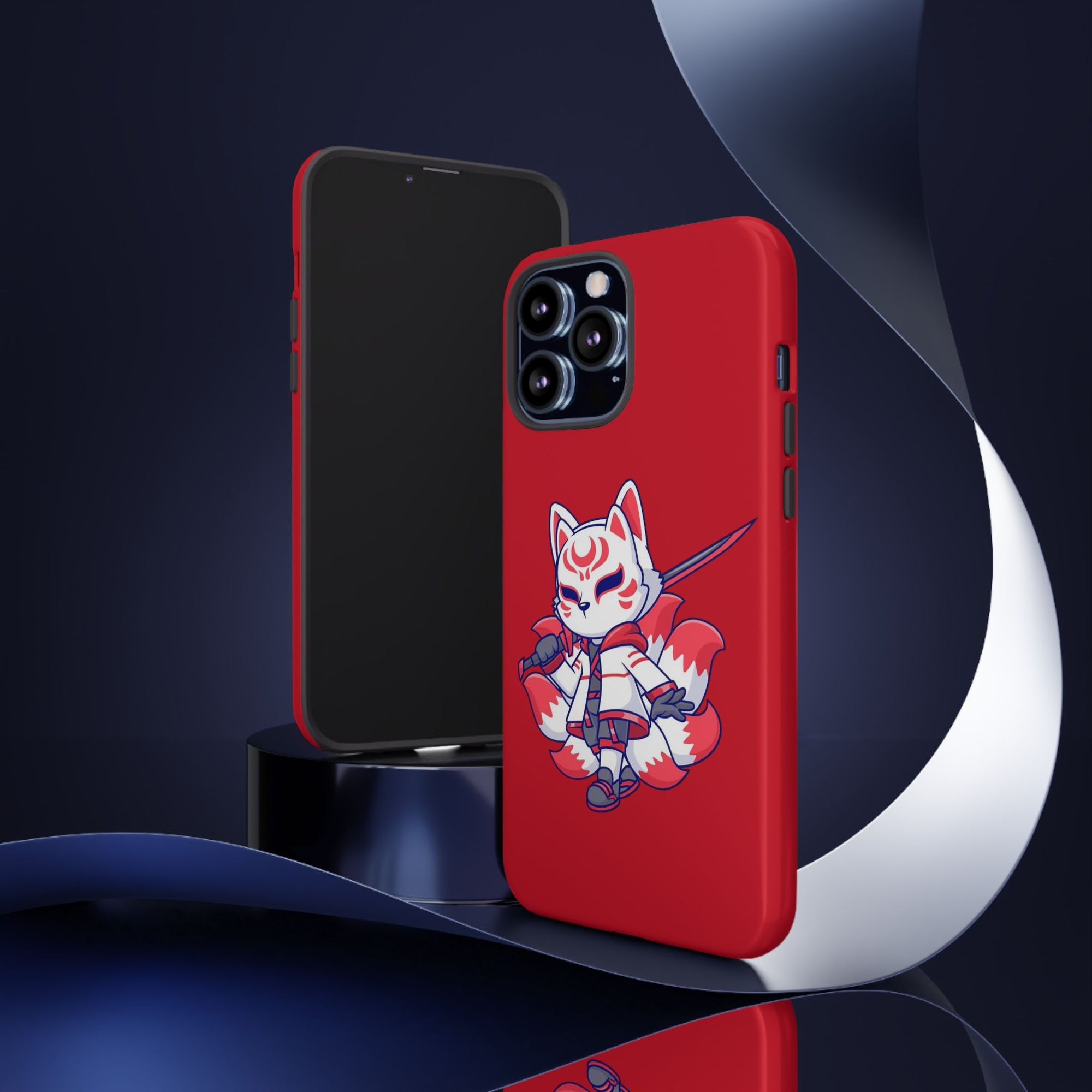 Anime-Inspired Tough Phone Case, Kawaii Fox Design, Gift for Gamers, Cute Phone Accessories, Red Phone Cover, Cosplay Merchandise