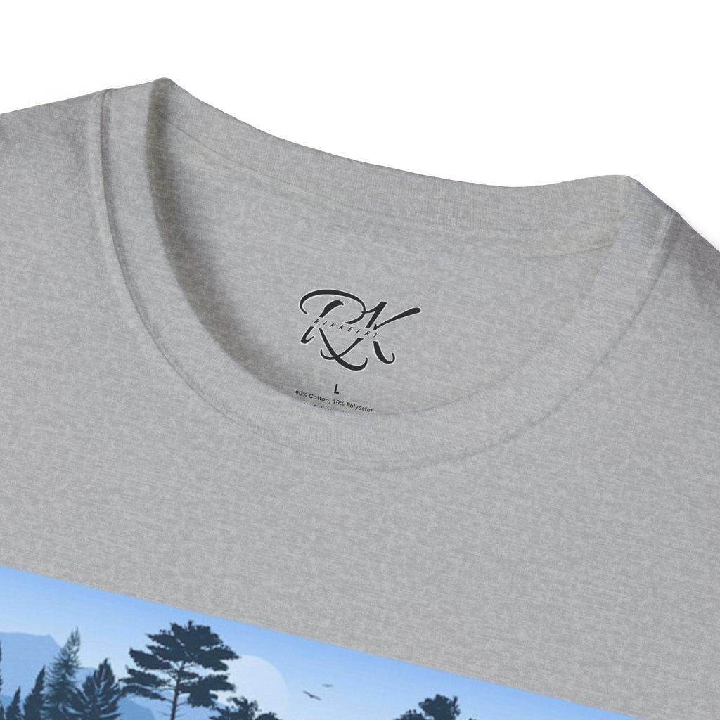 Mountain Landscape Unisex Softstyle T-Shirt | Nature Lover Gift, Outdoor Adventure Tee, Relaxed Fit, Casual Wear, Camping Shirt