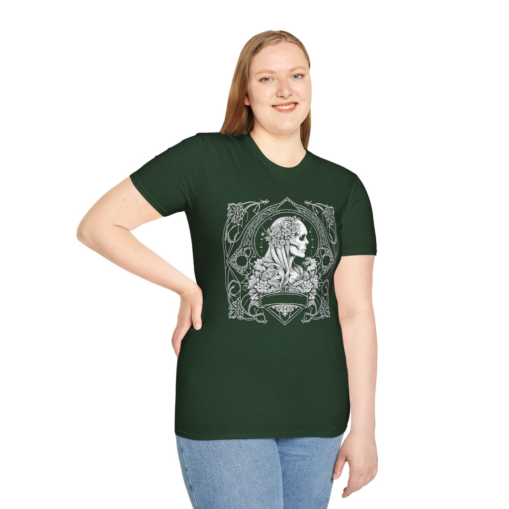 Gothic Floral Skull T-Shirt, Unisex Softstyle Tee, Halloween Apparel, Gothic Fashion, Unique Gift, Casual Wear