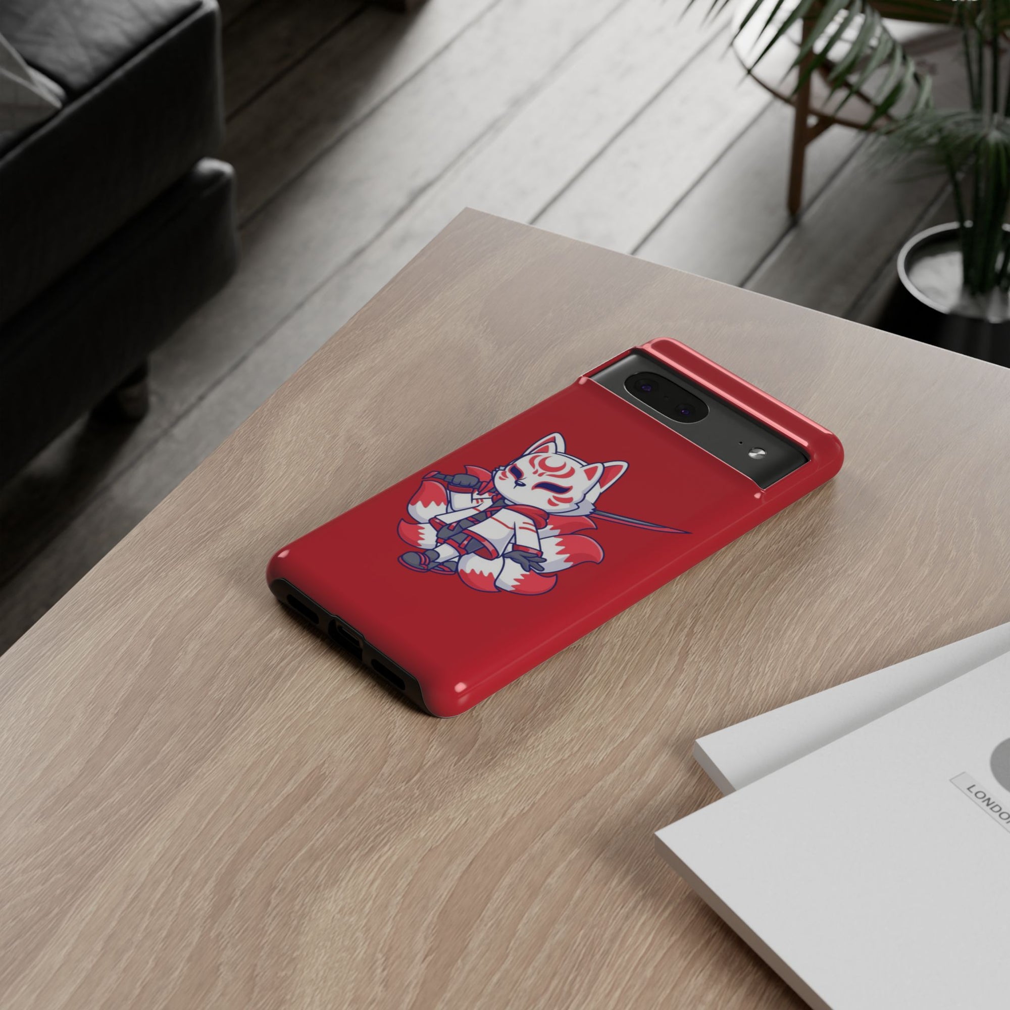 Anime-Inspired Tough Phone Case, Kawaii Fox Design, Gift for Gamers, Cute Phone Accessories, Red Phone Cover, Cosplay Merchandise