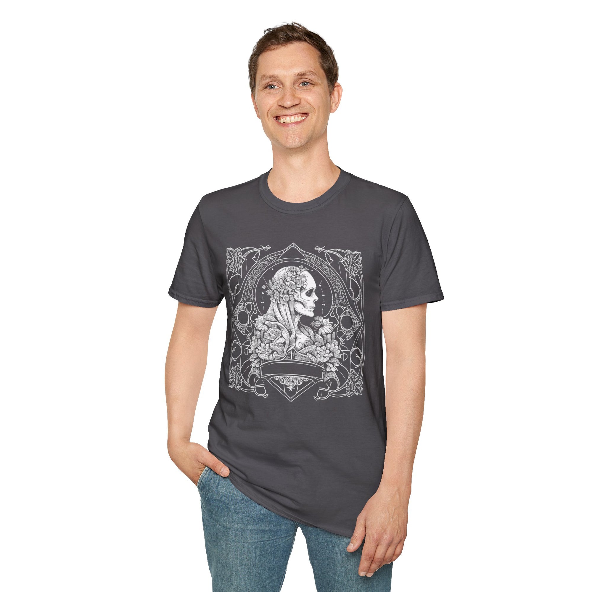 Gothic Floral Skull T-Shirt, Unisex Softstyle Tee, Halloween Apparel, Gothic Fashion, Unique Gift, Casual Wear