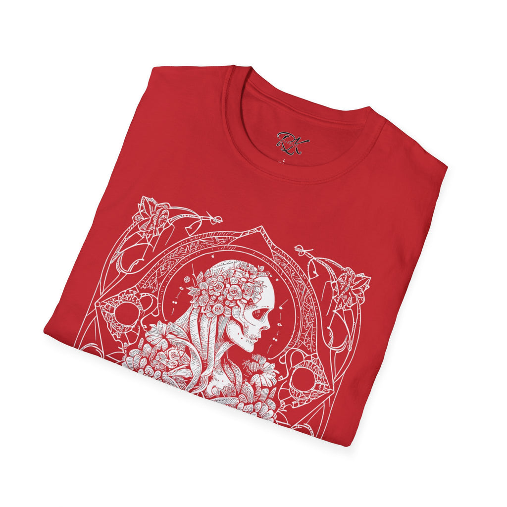 Gothic Floral Skull T-Shirt, Unisex Softstyle Tee, Halloween Apparel, Gothic Fashion, Unique Gift, Casual Wear