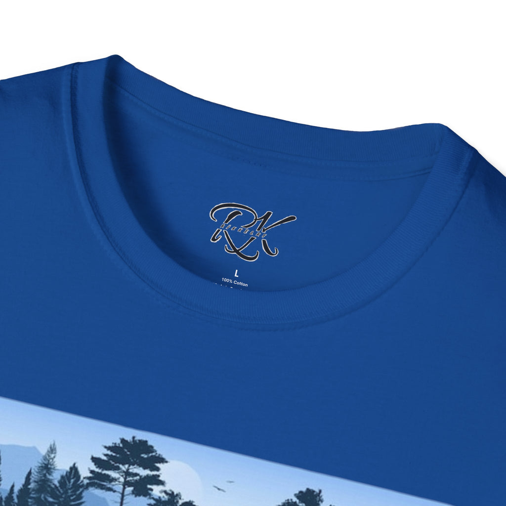 Mountain Landscape Unisex Softstyle T-Shirt | Nature Lover Gift, Outdoor Adventure Tee, Relaxed Fit, Casual Wear, Camping Shirt