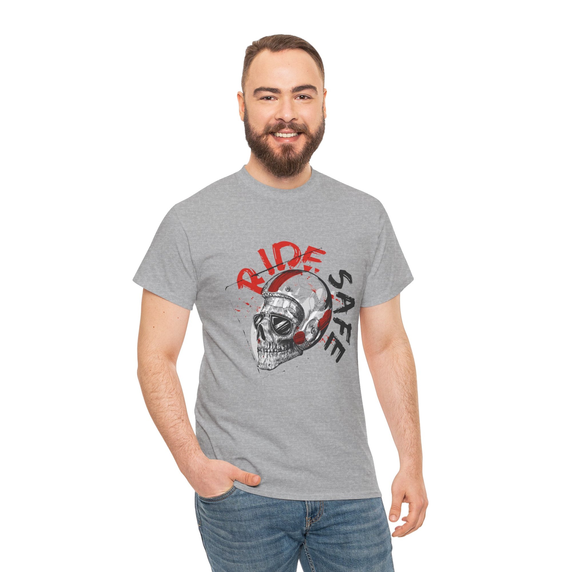 Skull Themed Ride Safe Tee, Unisex Heavy Cotton T-Shirt, Motorcycle Tee, Biker Apparel, Gift for Riders, Casual Wear